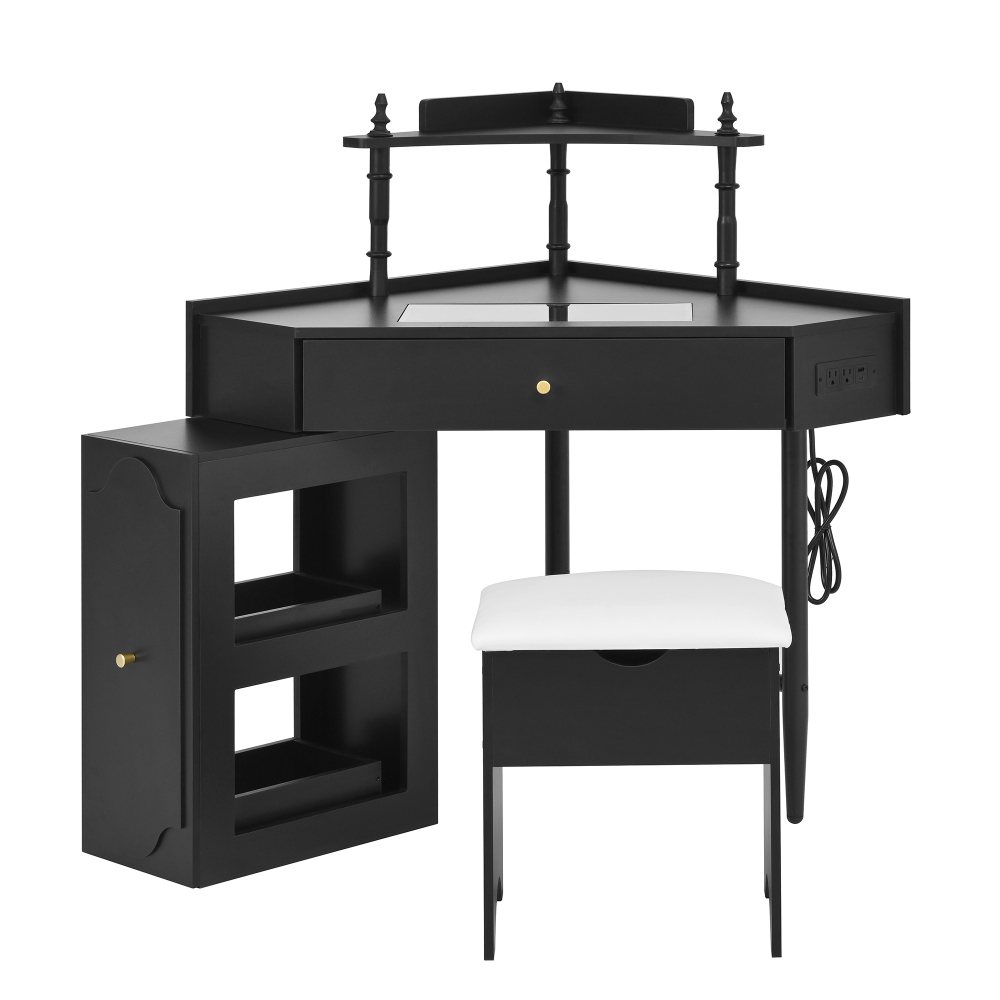 Corner Vanity Desk Set with Storage Cushioned Stool and Charging Station, Removable Pull-Out Side Cabinet, Drawer and Shelf, Black