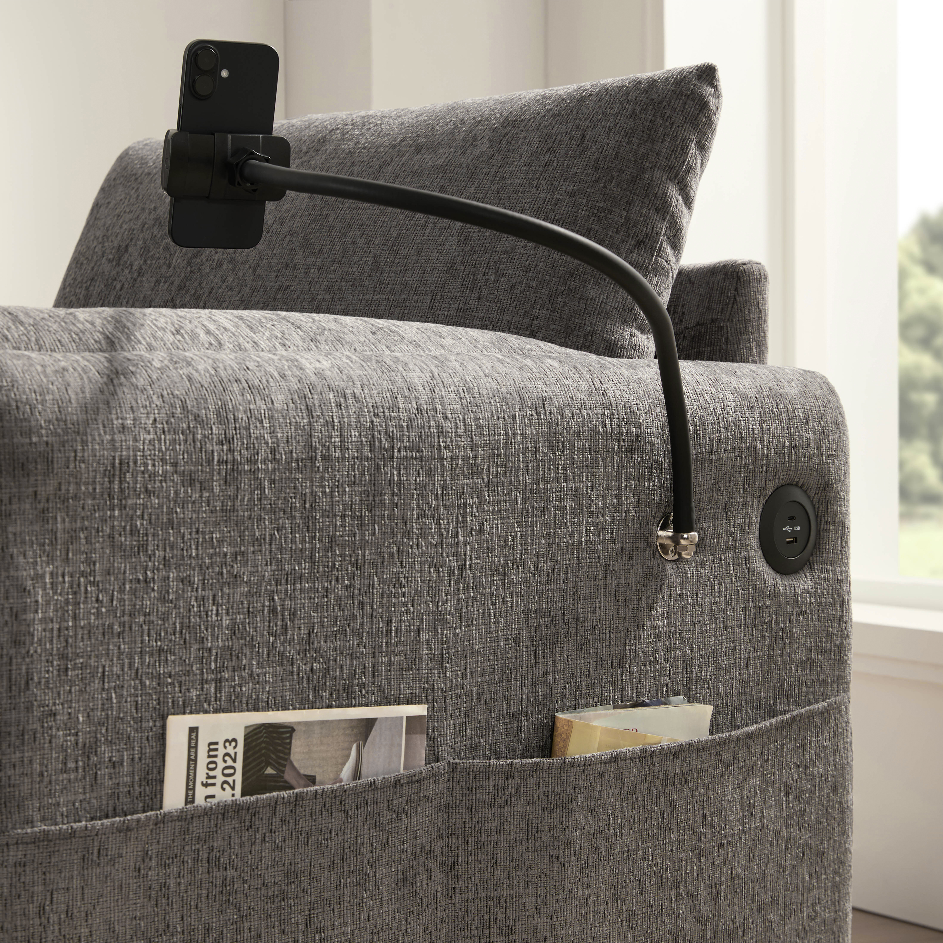38" Single Sofa with Storage Ottoman, Adjustable Phone Holder, USB Charger, Side Storage Pockets, Pillow-Like Armrests, Wide Seat Chaise Lounge, Gray