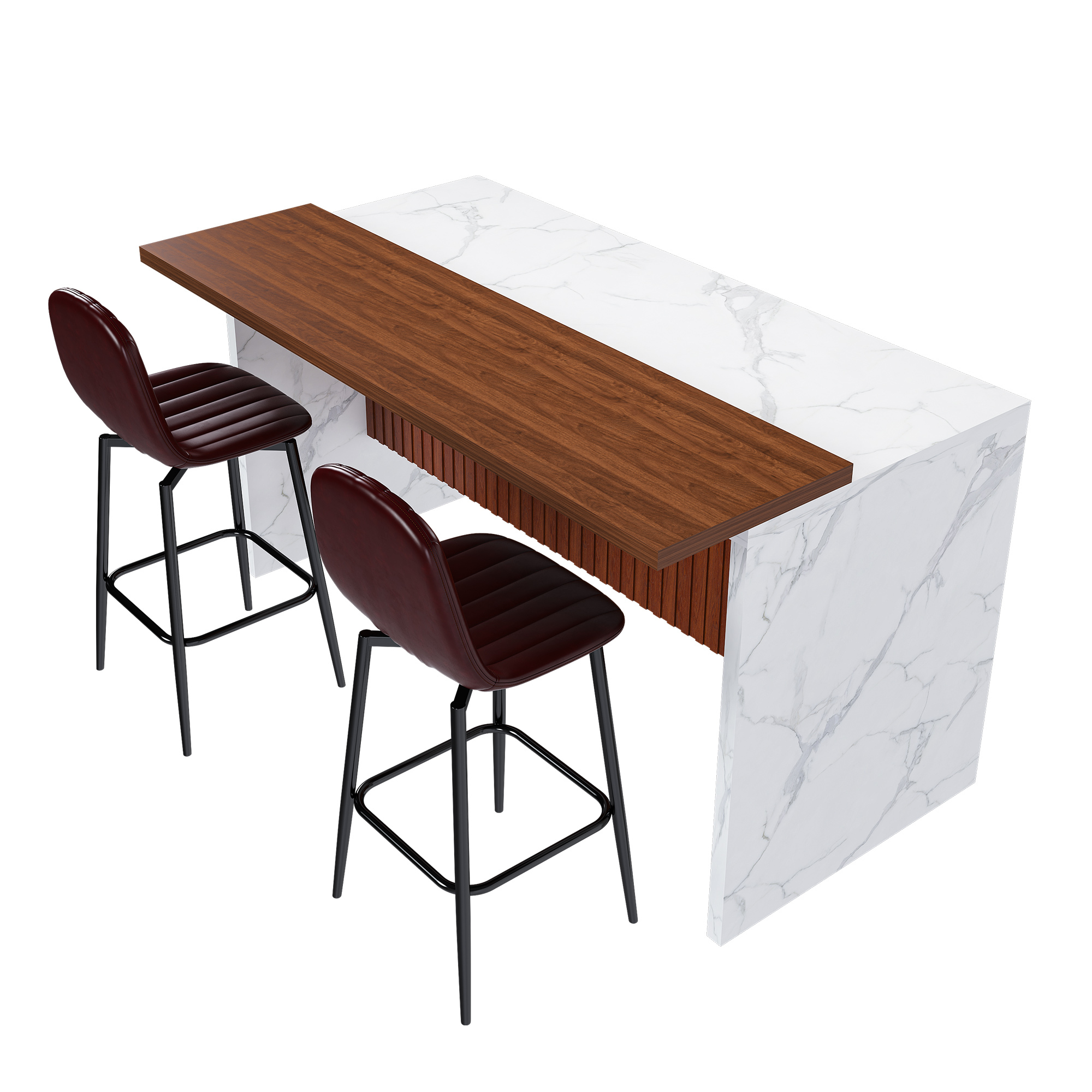 63" Modern Kitchen Island with Marble-Look Surface, LED Lights & Grille Design, White (2 Dark Brown Bar Stools)