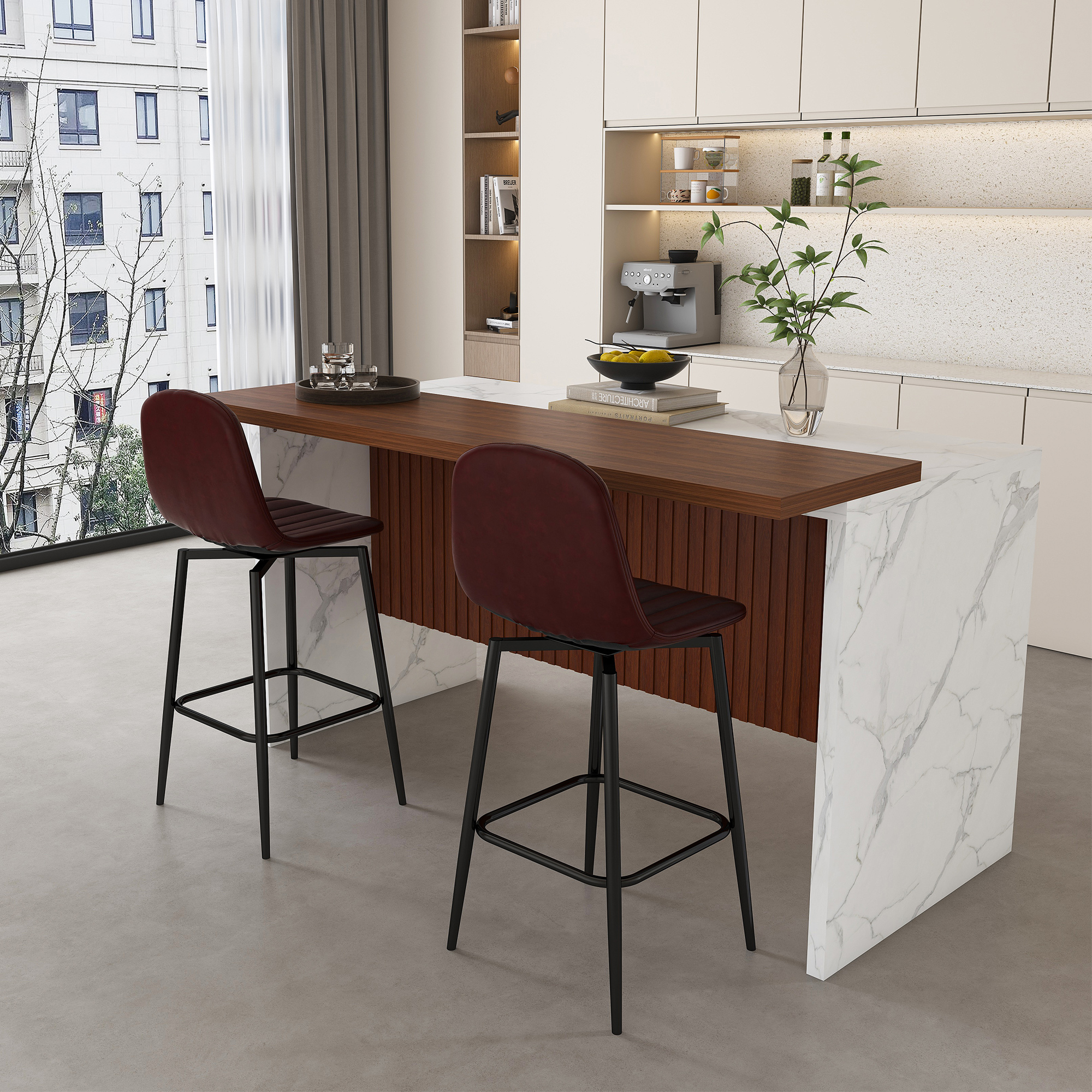 63" Modern Kitchen Island with Marble-Look Surface, LED Lights & Grille Design, White (2 Dark Brown Bar Stools)