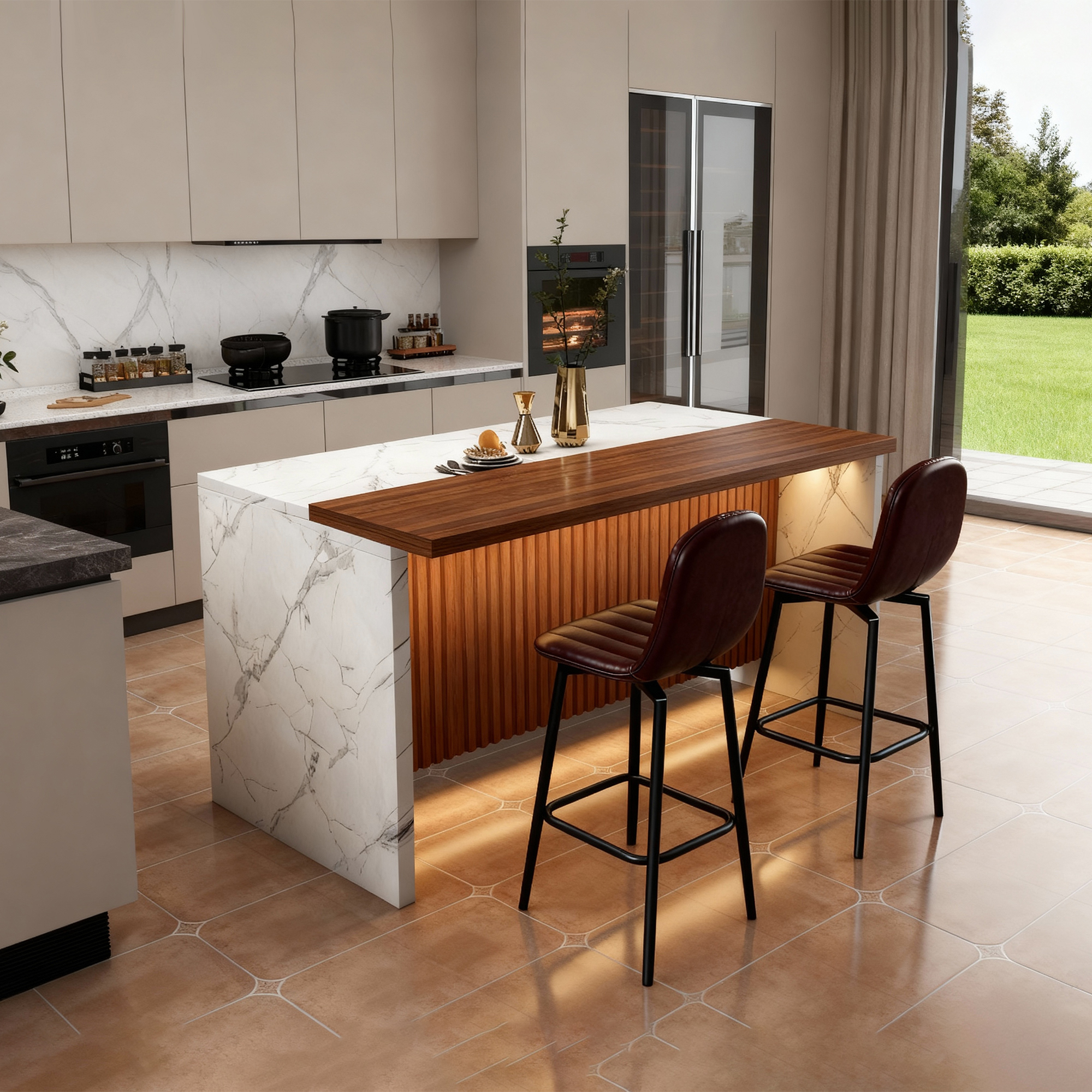 63" Modern Kitchen Island with Marble-Look Surface, LED Lights & Grille Design, White (2 Dark Brown Bar Stools)