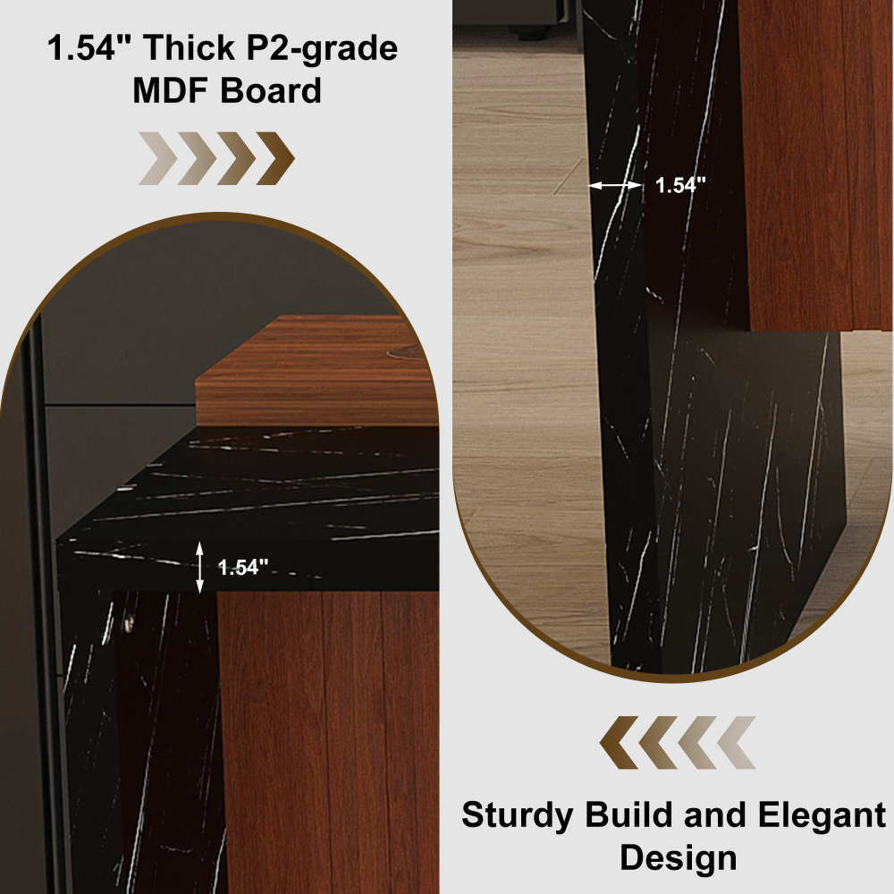 63" Modern Kitchen Island with Marble-Look Surface, LED Lights & Grille Design for Dining Room, Living Room, Black(Island Only)