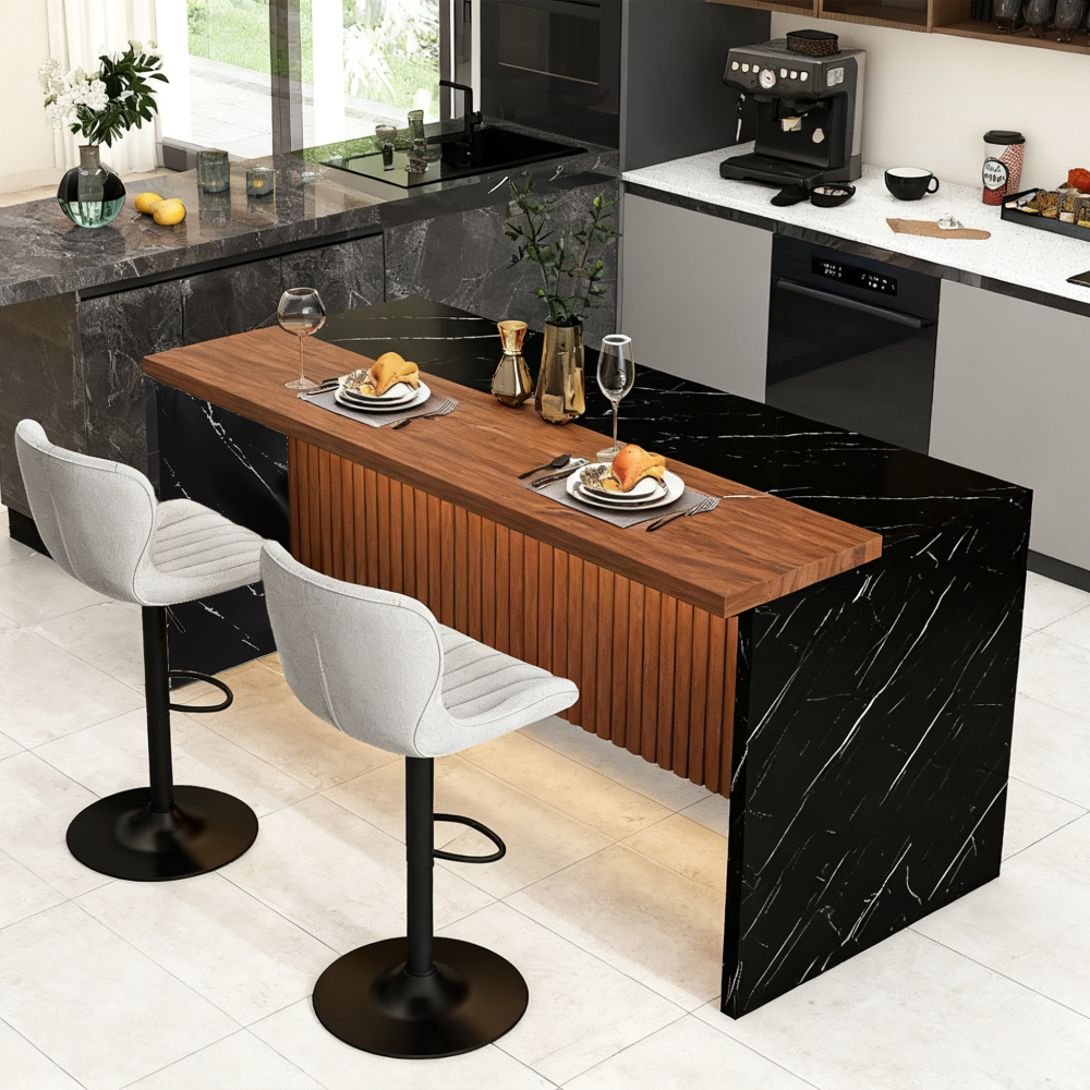 63" Modern Kitchen Island with Marble-Look Surface, LED Lights & Grille Design for Dining Room, Living Room, Black(Island Only)