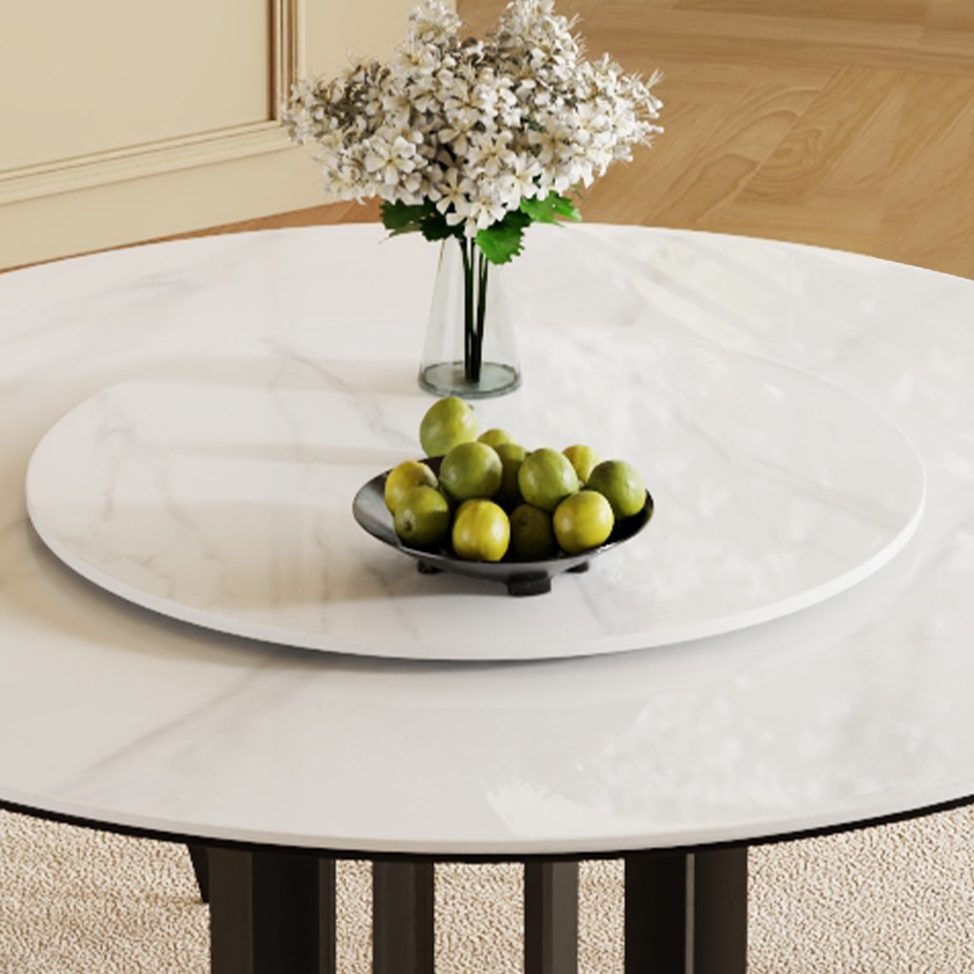 59" Round Sintered Stone Dining Table with Black Carbon Steel Base and 31.5" Lazy Susan- for Kitchen,Dining Room(4 chairs)