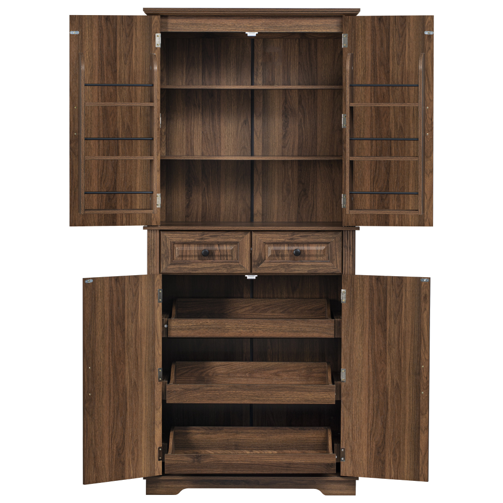 K&K 71" Tall Kitchen Pantry Cabinet with 3 Pull Out Cabinet Organizers, Farmhouse Embossed Texture Storage Cabinet with 6 Door Shelves, 2 Drawers, Freestanding Cupboard for Kitchen, Dining Room Brown