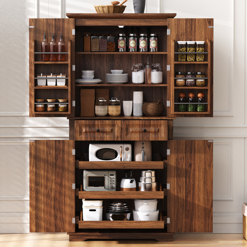 K&K 71" Tall Kitchen Pantry Cabinet with 3 Pull Out Cabinet Organizers, Farmhouse Embossed Texture Storage Cabinet with 6 Door Shelves, 2 Drawers, Freestanding Cupboard for Kitchen, Dining Room Brown
