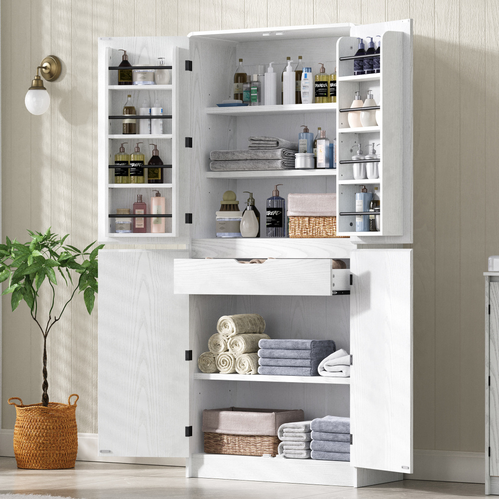 K&K 72" Tall Farmhouse Kitchen Pantry Cabinet with 8 Door Shelves, Curved Design Storage Cabinet with 3 Adjustable Shelves, Hidden Drawer, Versatile Cupboard for Kitchen, Dining & Bathroom, White