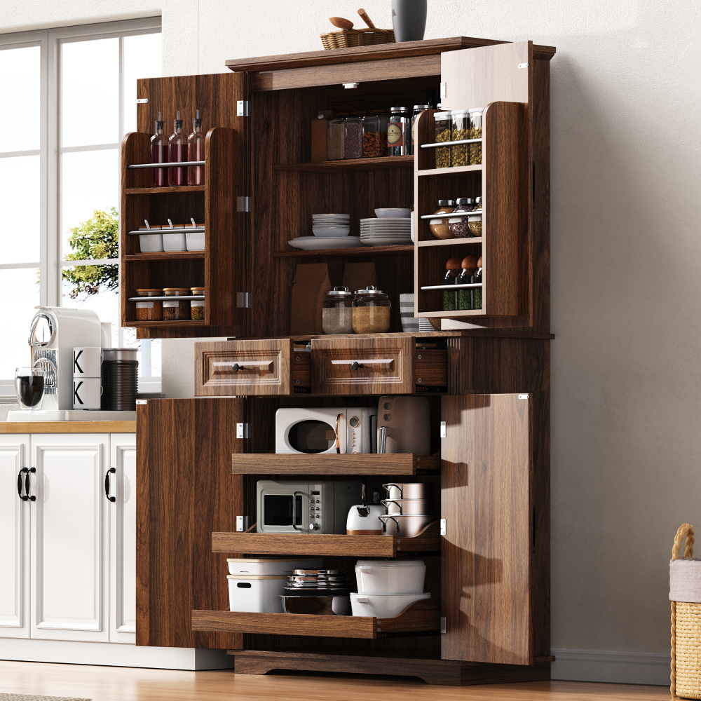 K&K 71" Tall Kitchen Pantry Cabinet with 3 Pull Out Cabinet Organizers, Farmhouse Embossed Texture Storage Cabinet with 6 Door Shelves, 2 Drawers, Freestanding Cupboard for Kitchen, Dining Room Brown