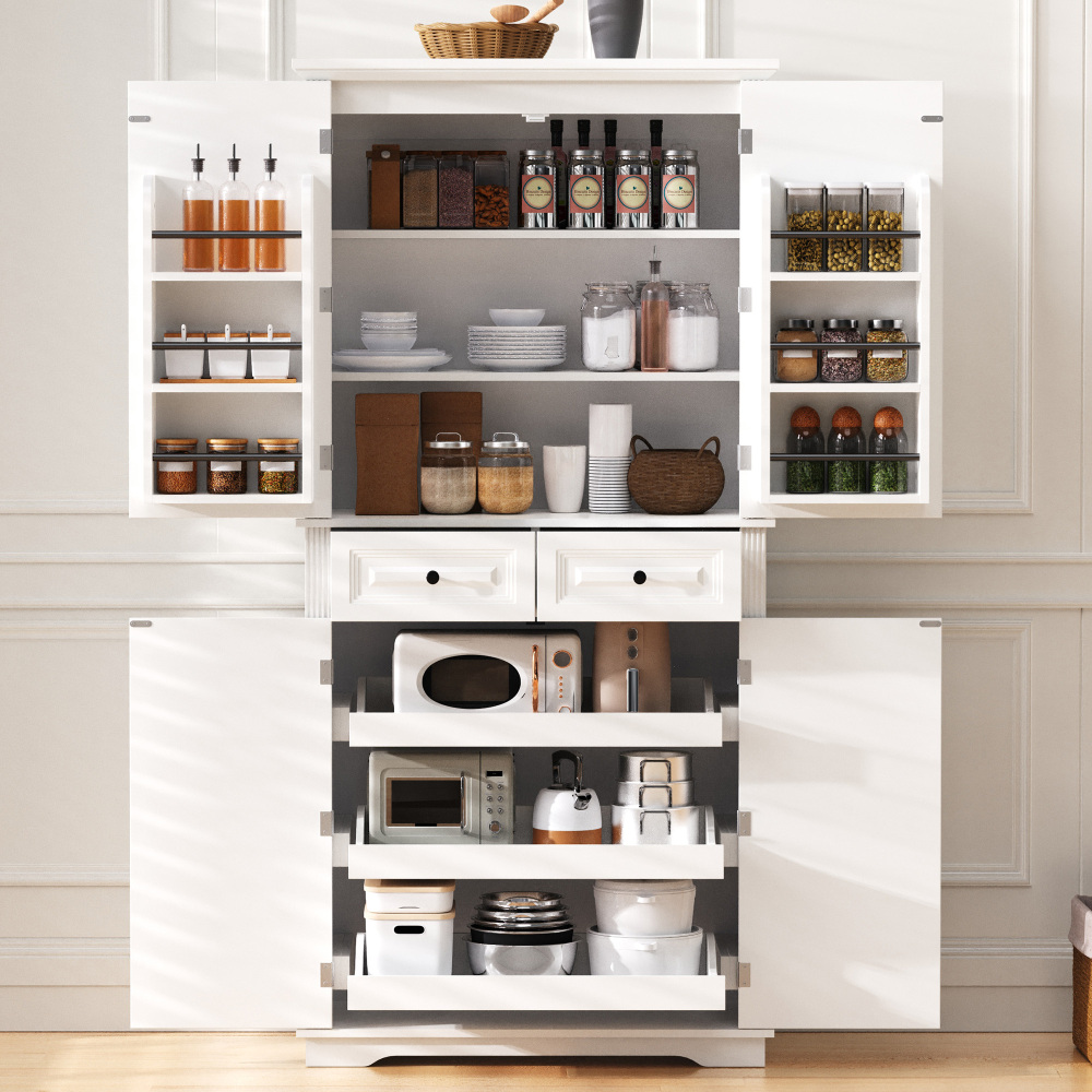 K&K 71" Tall Kitchen Pantry Cabinet with 3 Pull Out Cabinet Organizers, Farmhouse Embossed Texture Storage Cabinet with 6 Door Shelves, 2 Drawers, Freestanding Cupboard for Kitchen, Dining Room White