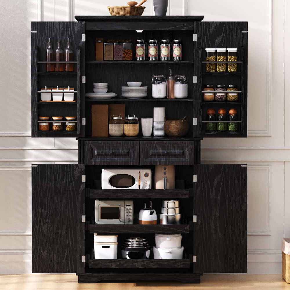 K&K 71" Tall Kitchen Pantry Cabinet with 3 Pull Out Cabinet Organizers, Farmhouse Embossed Texture Storage Cabinet with 6 Door Shelves, 2 Drawers, Freestanding Cupboard for Kitchen, Dining Room Black