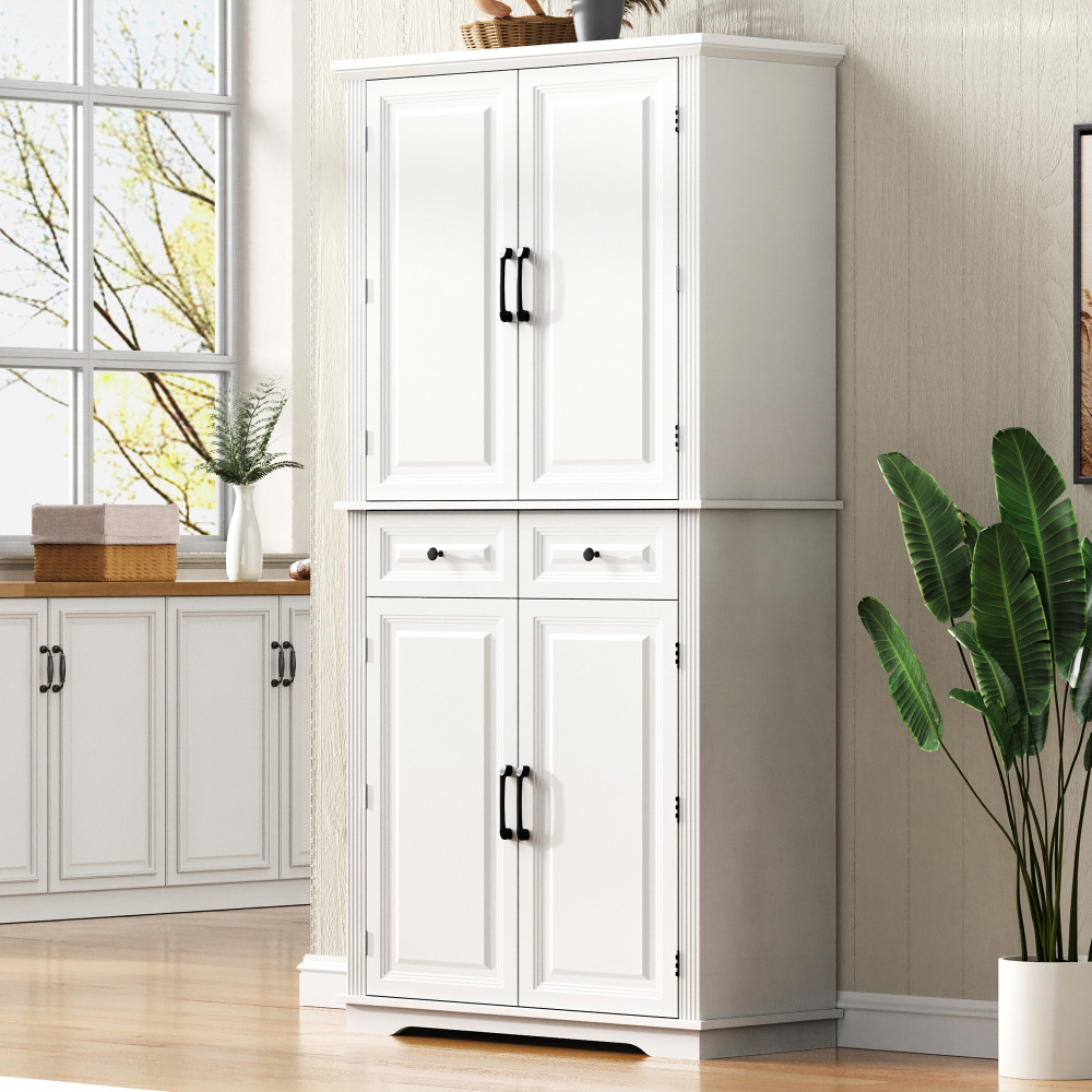 K&K 71" Tall Kitchen Pantry Cabinet with 3 Pull Out Cabinet Organizers, Farmhouse Embossed Texture Storage Cabinet with 6 Door Shelves, 2 Drawers, Freestanding Cupboard for Kitchen, Dining Room White