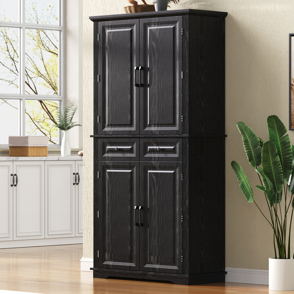 K&K 71" Tall Kitchen Pantry Cabinet with 3 Pull Out Cabinet Organizers, Farmhouse Embossed Texture Storage Cabinet with 6 Door Shelves, 2 Drawers, Freestanding Cupboard for Kitchen, Dining Room Black