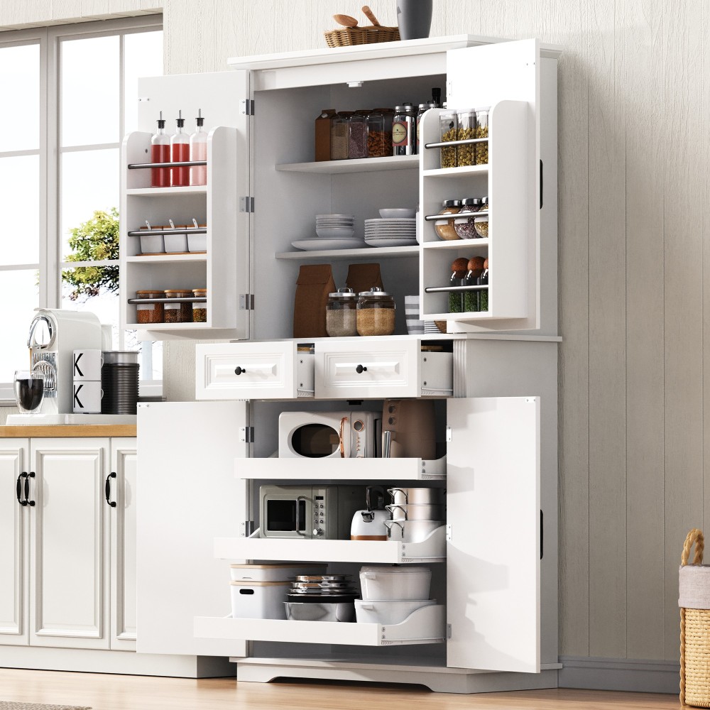 K&K 71" Tall Kitchen Pantry Cabinet with 3 Pull Out Cabinet Organizers, Farmhouse Embossed Texture Storage Cabinet with 6 Door Shelves, 2 Drawers, Freestanding Cupboard for Kitchen, Dining Room White