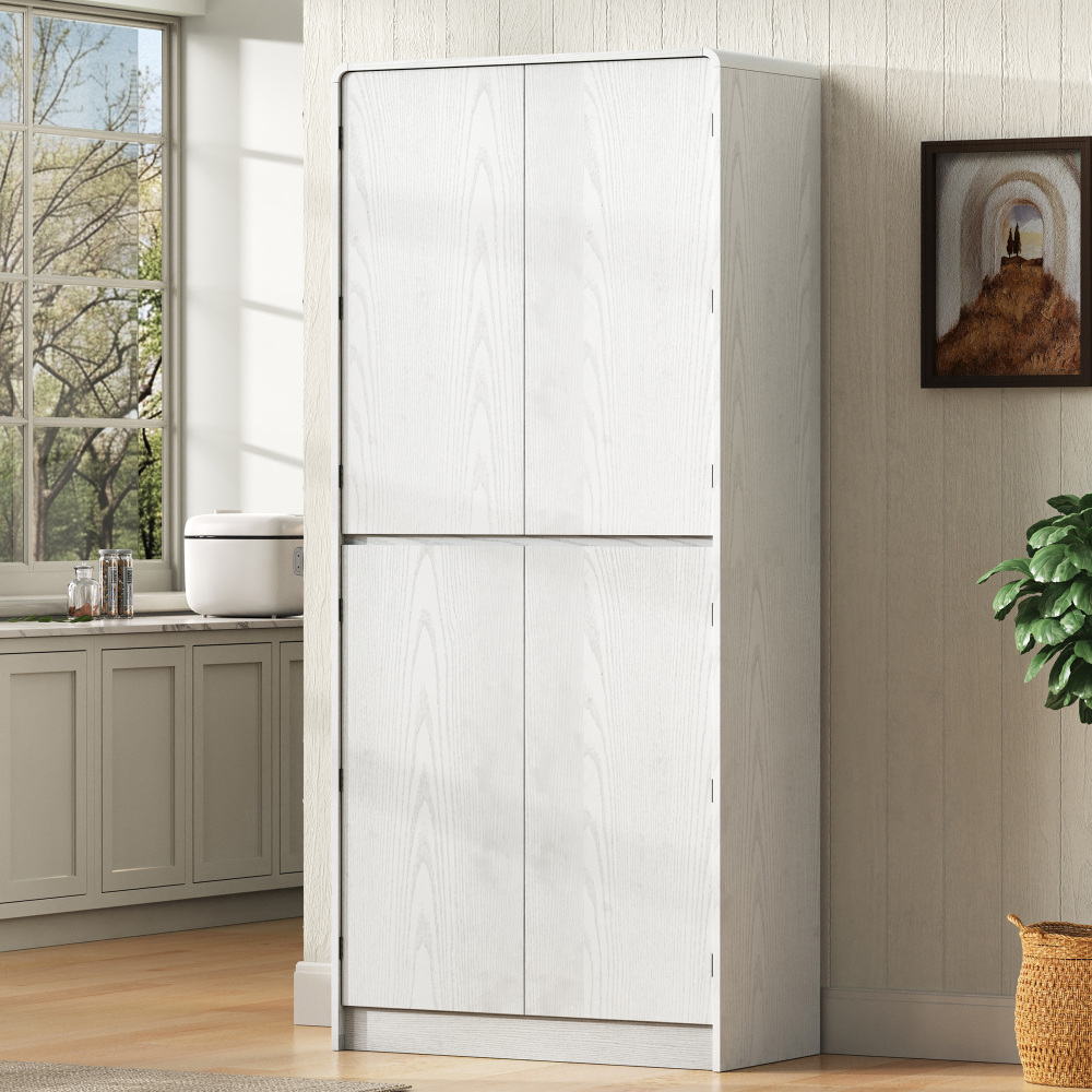 K&K 72" Tall Farmhouse Kitchen Pantry Cabinet with 8 Door Shelves, Curved Design Storage Cabinet with 3 Adjustable Shelves, Hidden Drawer, Versatile Cupboard for Kitchen, Dining & Bathroom, White