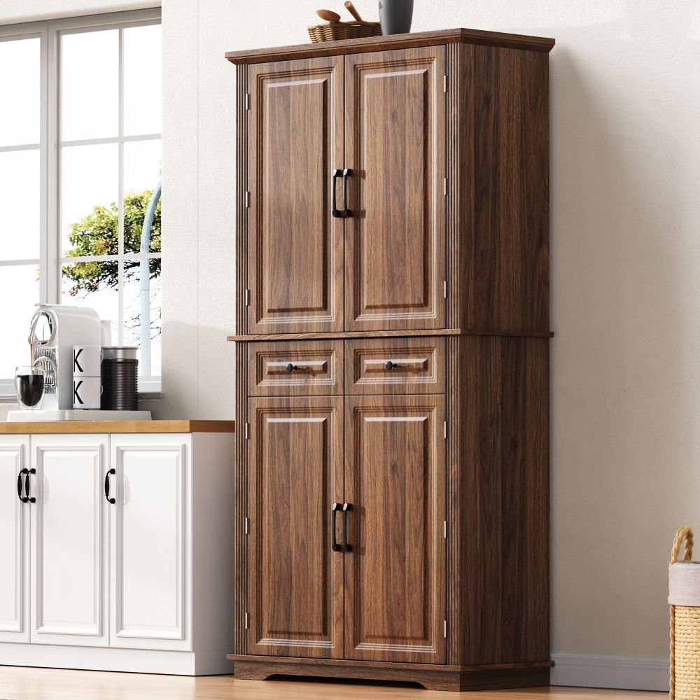 K&K 71" Tall Kitchen Pantry Cabinet with 3 Pull Out Cabinet Organizers, Farmhouse Embossed Texture Storage Cabinet with 6 Door Shelves, 2 Drawers, Freestanding Cupboard for Kitchen, Dining Room Brown