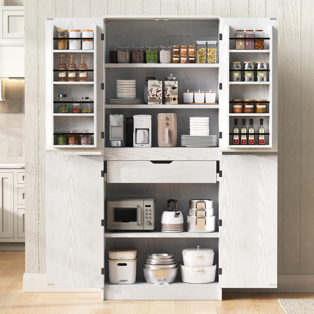 K&K 72" Tall Farmhouse Kitchen Pantry Cabinet with 8 Door Shelves, Curved Design Storage Cabinet with 3 Adjustable Shelves, Hidden Drawer, Versatile Cupboard for Kitchen, Dining & Bathroom, White
