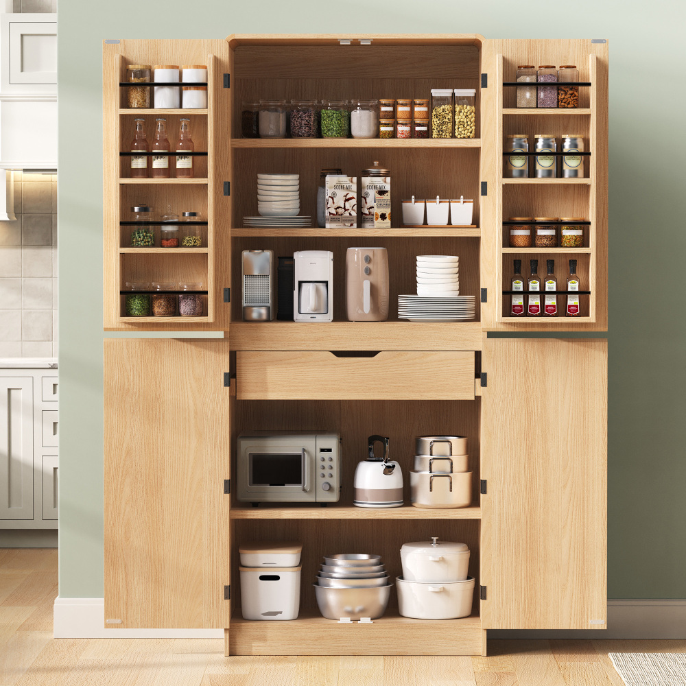 K&K 72" Tall Farmhouse Kitchen Pantry Cabinet with 8 Door Shelves, Curved Design Storage Cabinet with 3 Adjustable Shelves, Hidden Drawer, Versatile Cupboard for Kitchen, Dining & Bathroom, Natural