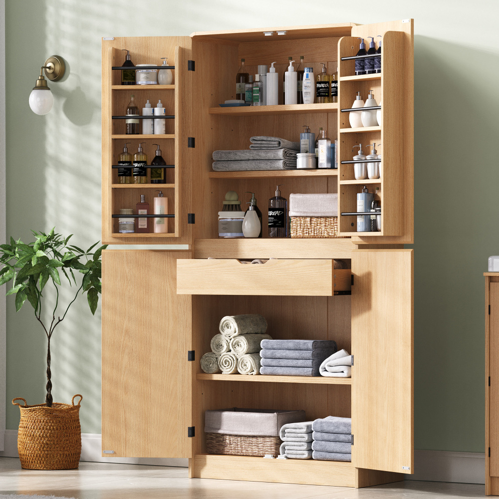 K&K 72" Tall Farmhouse Kitchen Pantry Cabinet with 8 Door Shelves, Curved Design Storage Cabinet with 3 Adjustable Shelves, Hidden Drawer, Versatile Cupboard for Kitchen, Dining & Bathroom, Natural