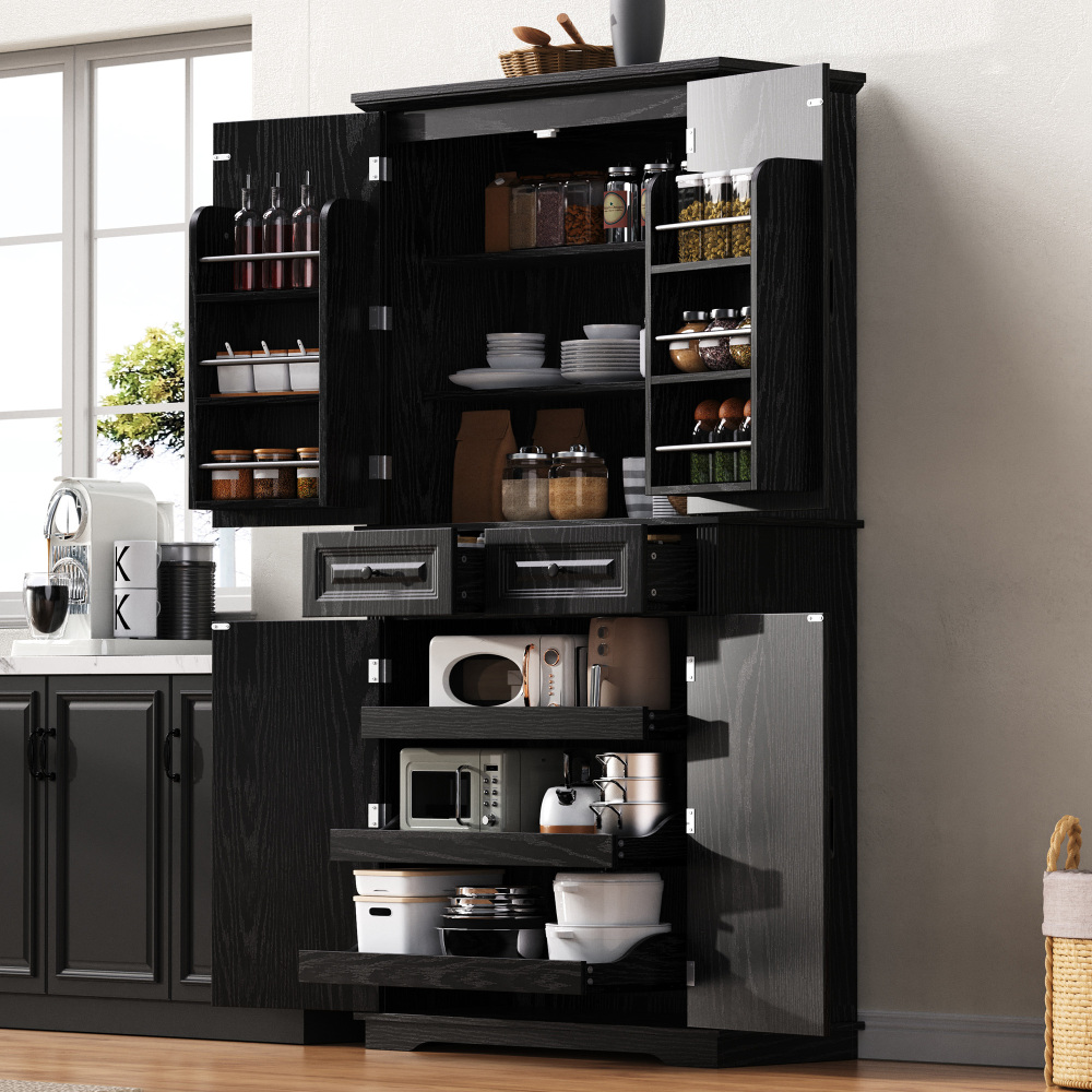 K&K 71" Tall Kitchen Pantry Cabinet with 3 Pull Out Cabinet Organizers, Farmhouse Embossed Texture Storage Cabinet with 6 Door Shelves, 2 Drawers, Freestanding Cupboard for Kitchen, Dining Room Black