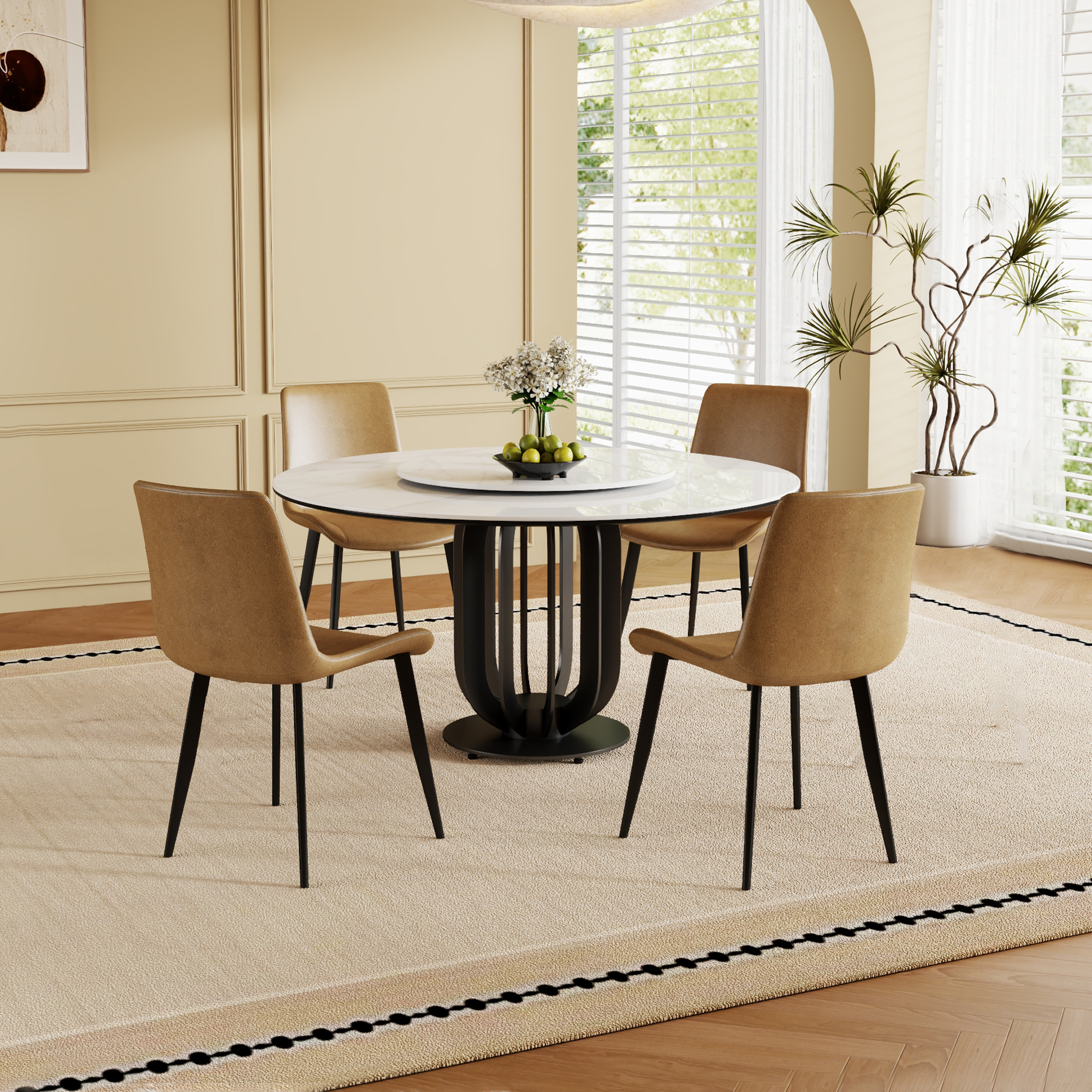 59" Round Sintered Stone Dining Table with Black Carbon Steel Base and 31.5" Lazy Susan- for Kitchen,Dining Room(4 chairs)