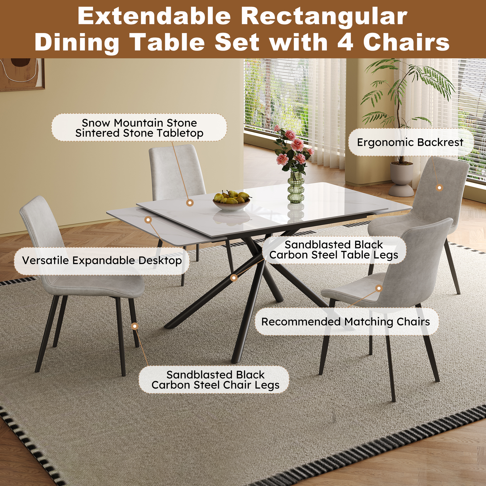 71 inch Retractable Sintered Stone Dining Table Set, black carbon steel cross-legs, White (Table + 4 Chairs)
