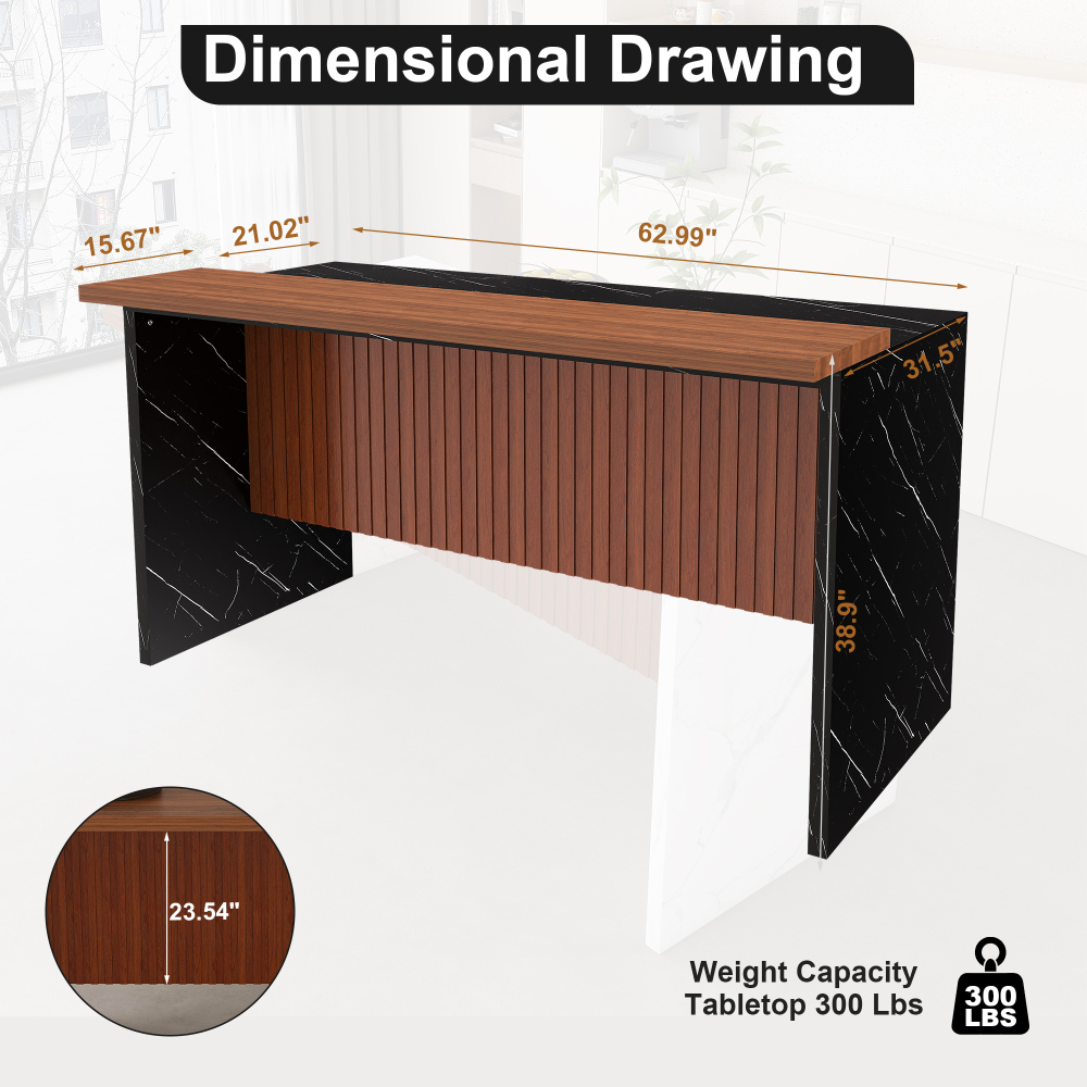 63" Modern Kitchen Island with Marble-Look Surface, LED Lights & Grille Design for Dining Room, Living Room, Black(Island Only)