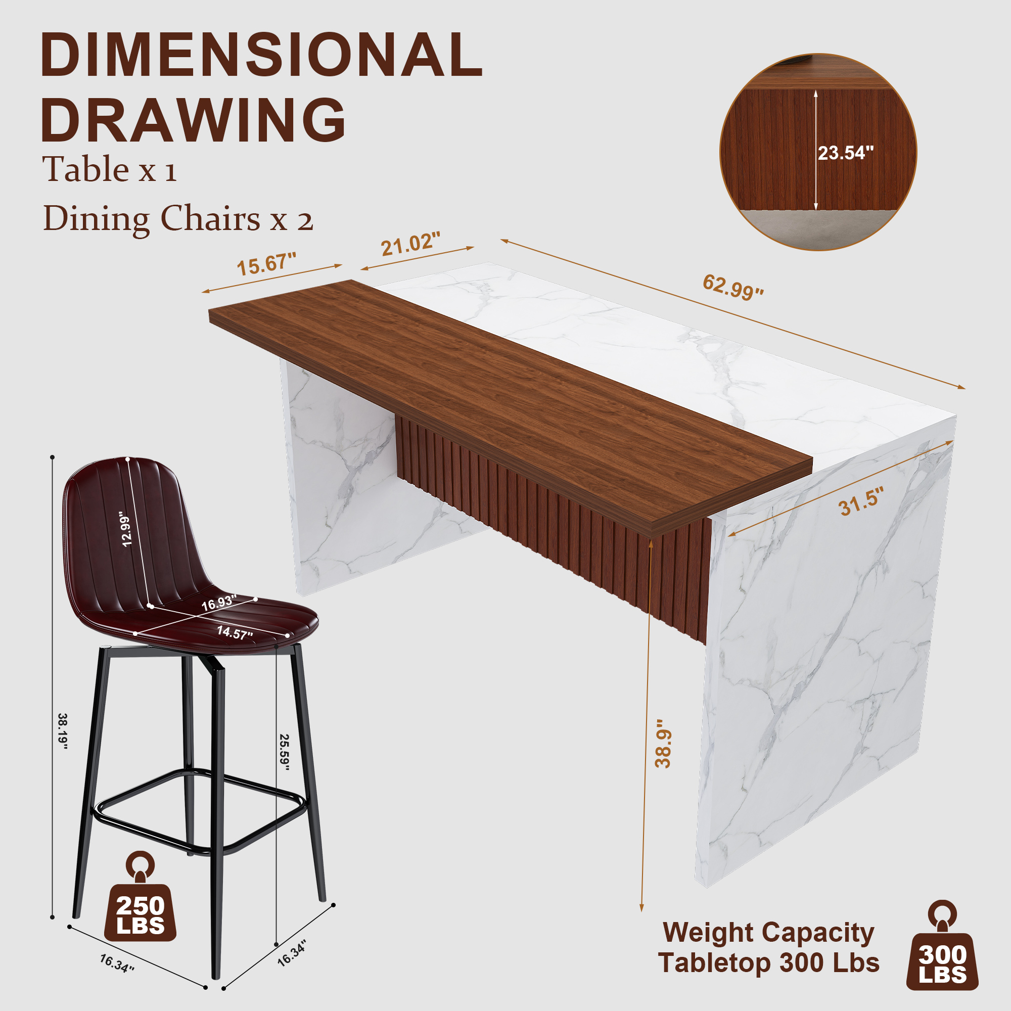 63" Modern Kitchen Island with Marble-Look Surface, LED Lights & Grille Design, White (2 Dark Brown Bar Stools)