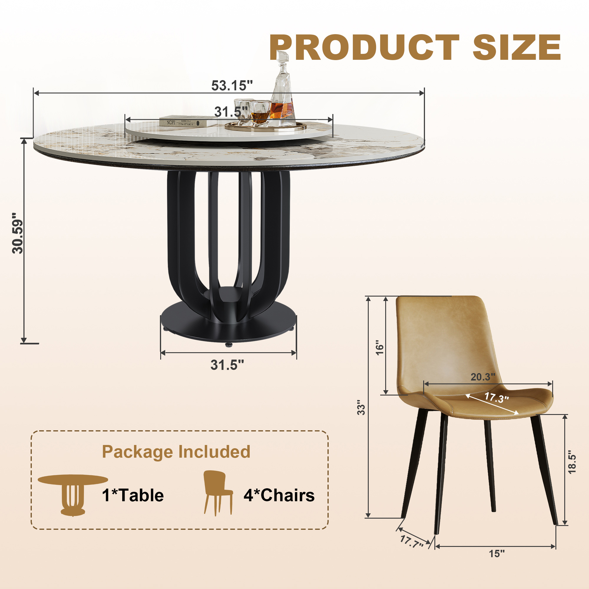 53" Round Sintered Stone Dining Table with Black Carbon Steel Base and 31.5" Lazy Susan- for Kitchen,Dining Room(4 chairs)