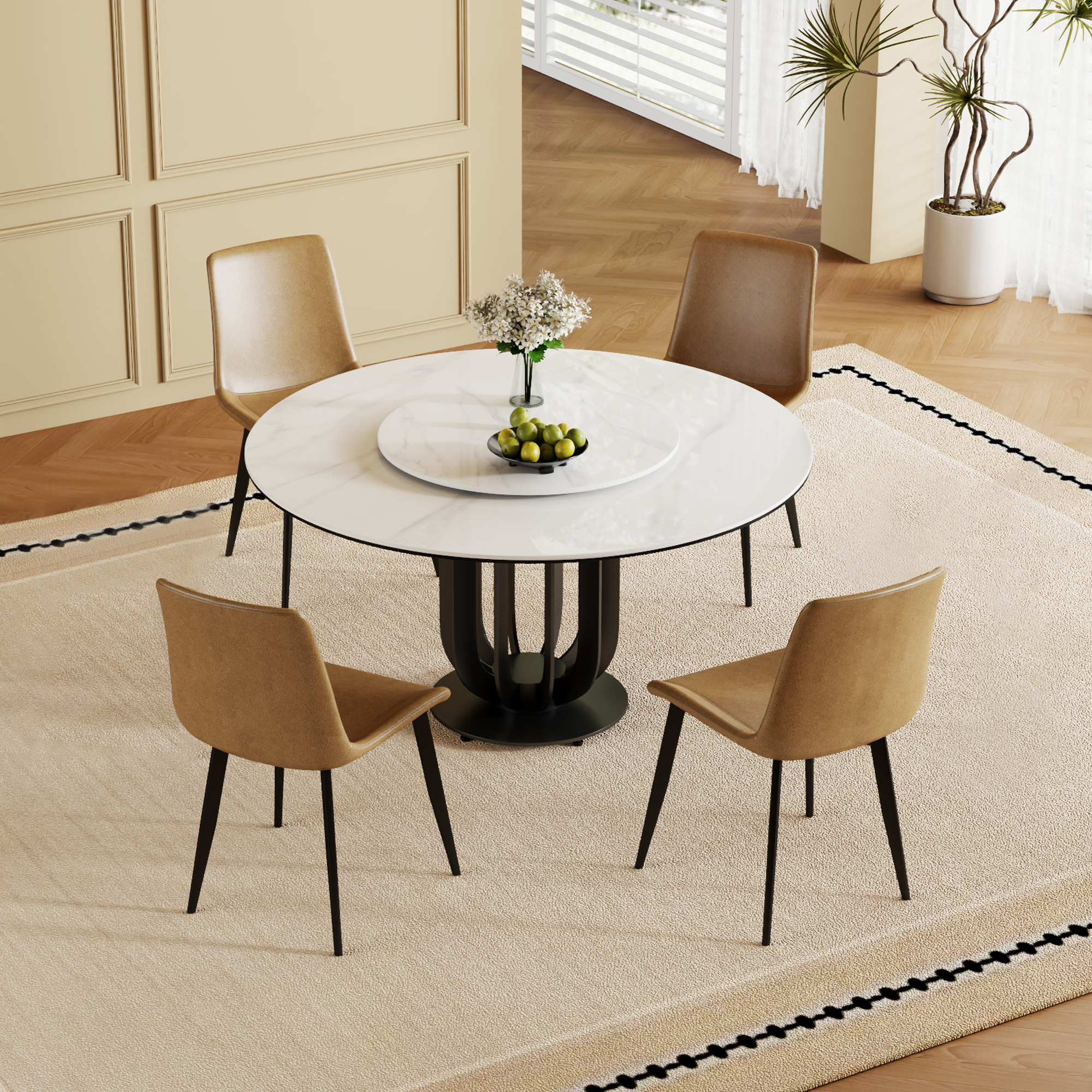 59" Round Sintered Stone Dining Table with Black Carbon Steel Base and 31.5" Lazy Susan- for Kitchen,Dining Room(4 chairs)