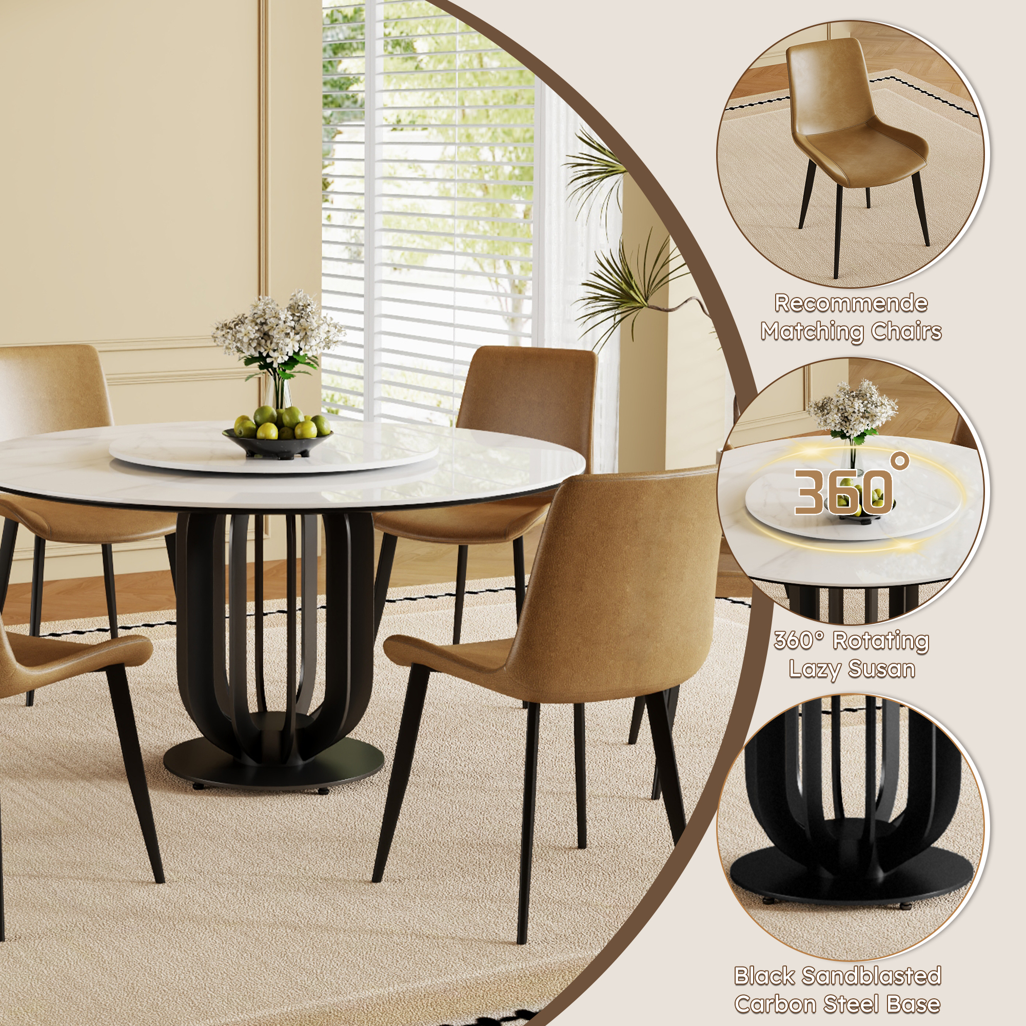 59" Round Sintered Stone Dining Table with Black Carbon Steel Base and 31.5" Lazy Susan- for Kitchen,Dining Room(4 chairs)
