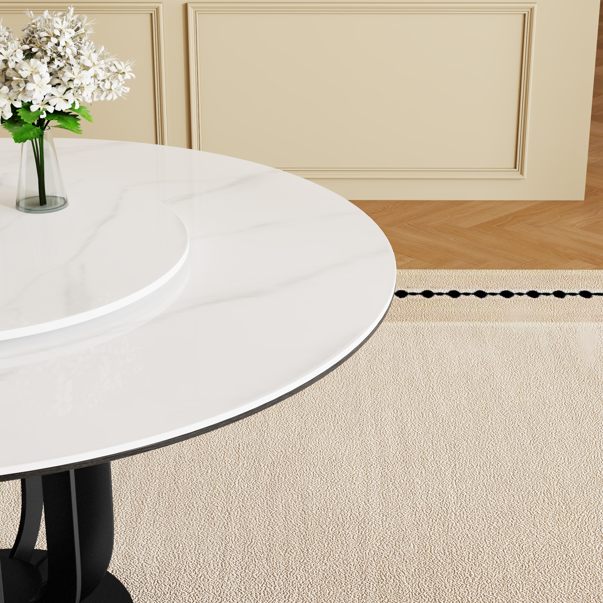 59" Round Sintered Stone Dining Table with Black Carbon Steel Base and 31.5" Lazy Susan- for Kitchen,Dining Room(4 chairs)