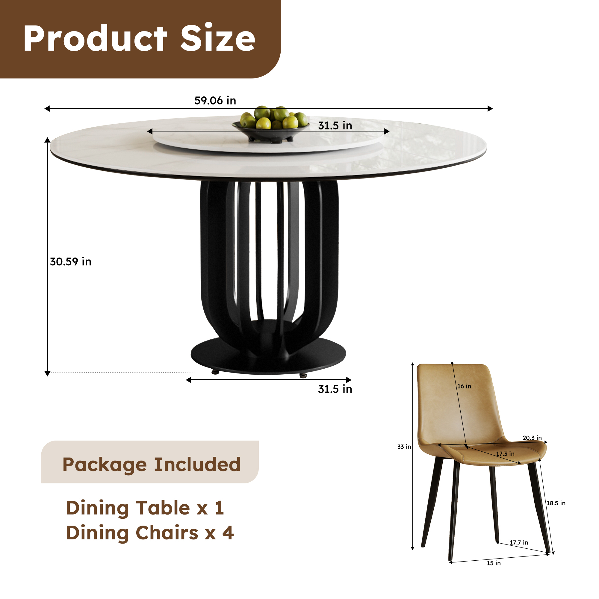 59" Round Sintered Stone Dining Table with Black Carbon Steel Base and 31.5" Lazy Susan- for Kitchen,Dining Room(4 chairs)