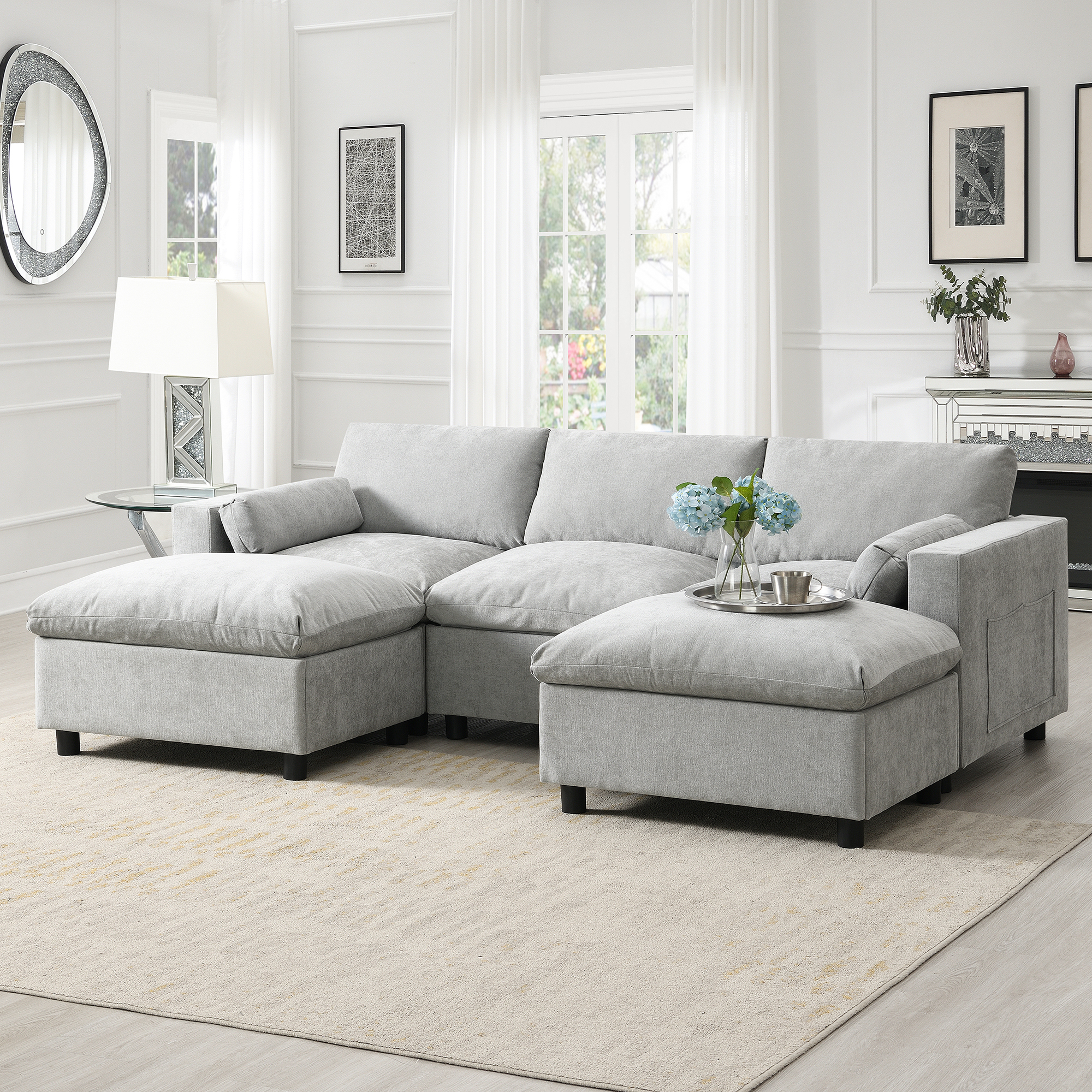 86.5'' U-Shaped Sectional Sofa with Storage Pockets, 2 Movable Ottoman, Armrest Pillows, Free Combination, 5-Seat, Medium Gray