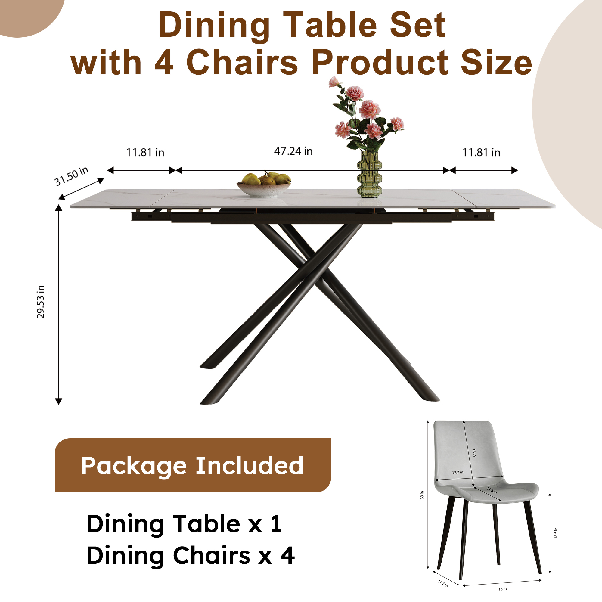 71 inch Retractable Sintered Stone Dining Table Set, black carbon steel cross-legs, White (Table + 4 Chairs)