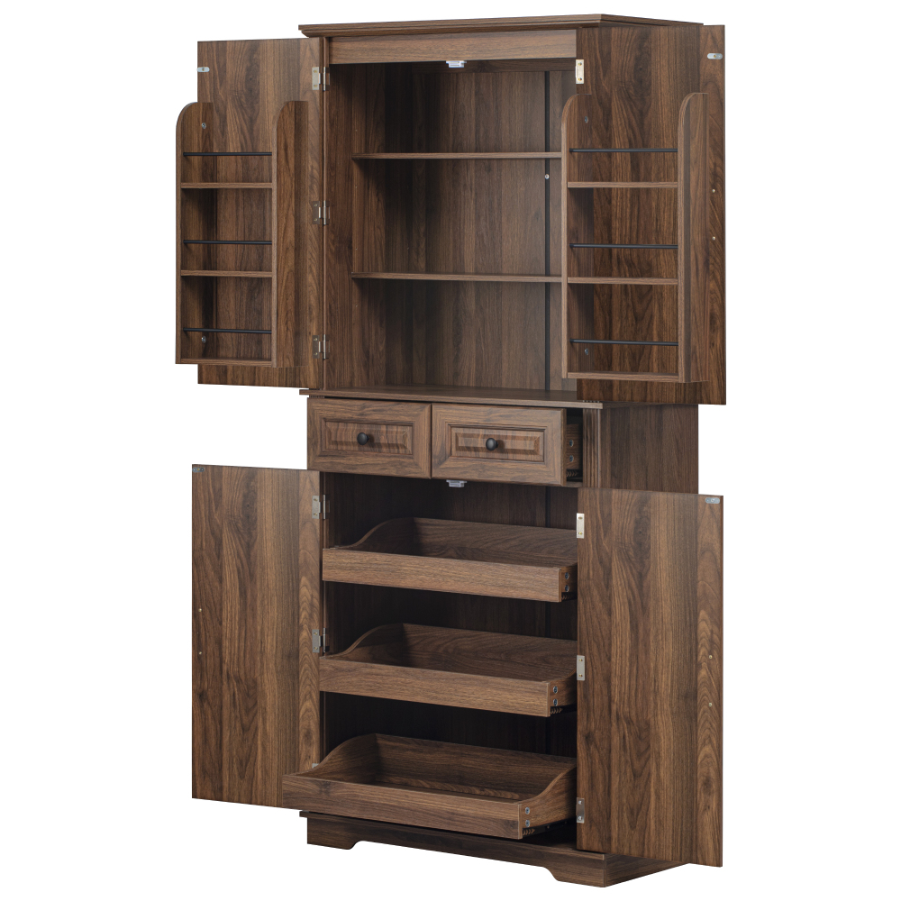 K&K 71" Tall Kitchen Pantry Cabinet with 3 Pull Out Cabinet Organizers, Farmhouse Embossed Texture Storage Cabinet with 6 Door Shelves, 2 Drawers, Freestanding Cupboard for Kitchen, Dining Room Brown