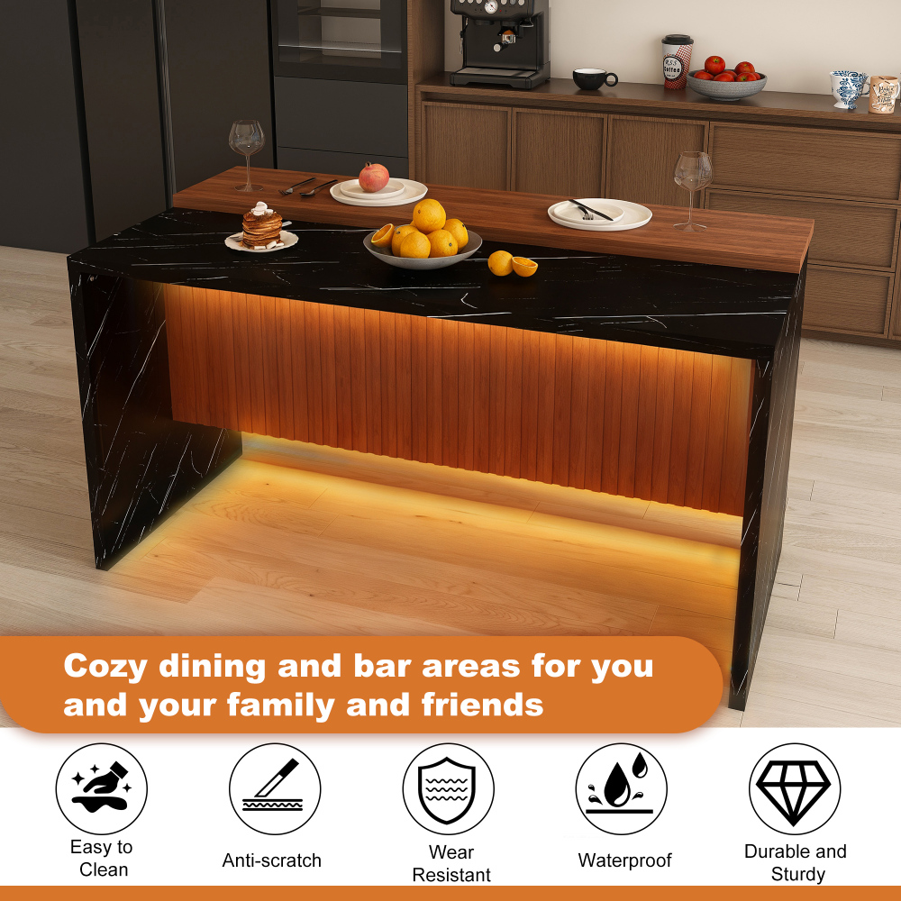 63" Modern Kitchen Island with Marble-Look Surface, LED Lights & Grille Design for Dining Room, Living Room, Black(Island Only)