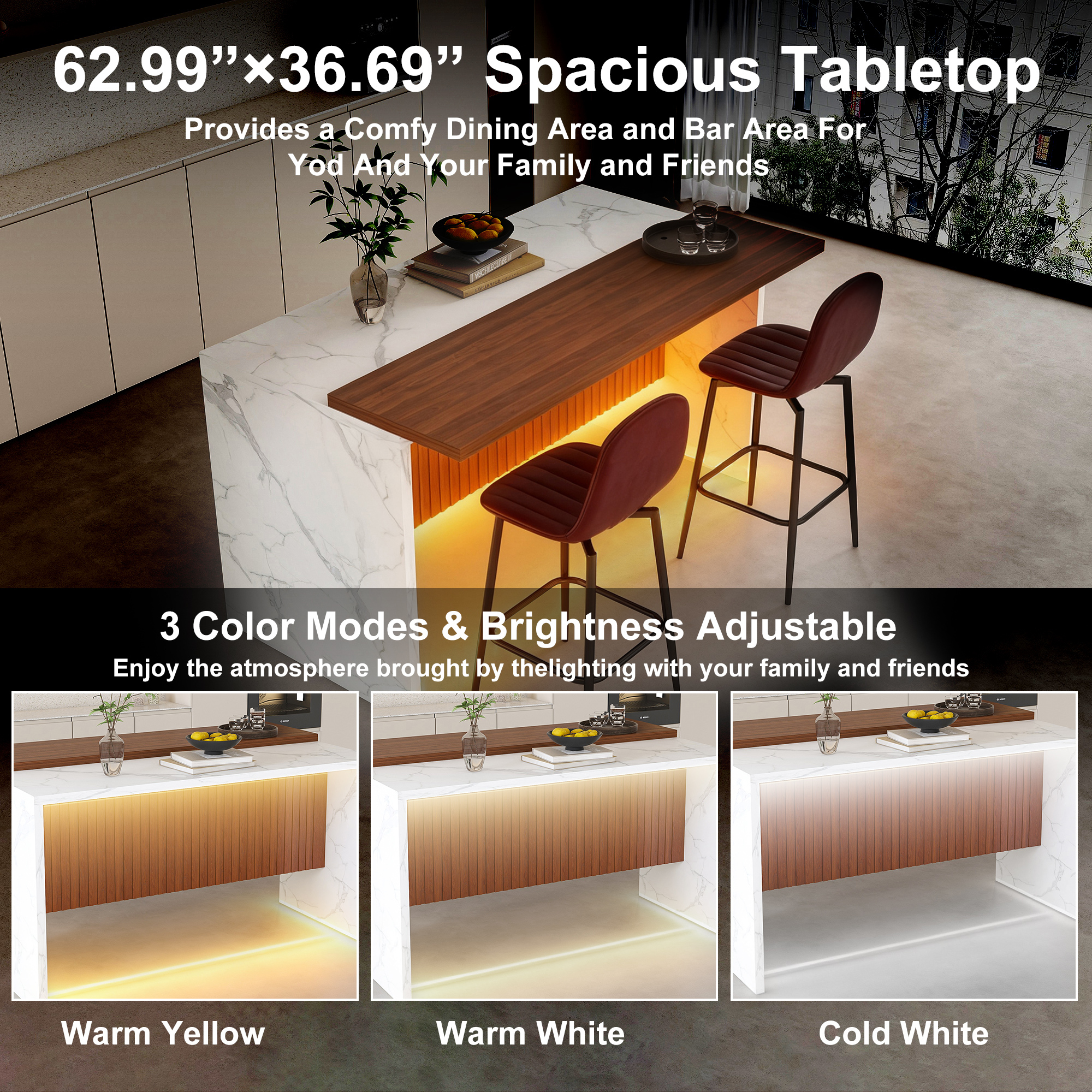 63" Modern Kitchen Island with Marble-Look Surface, LED Lights & Grille Design, White (2 Dark Brown Bar Stools)