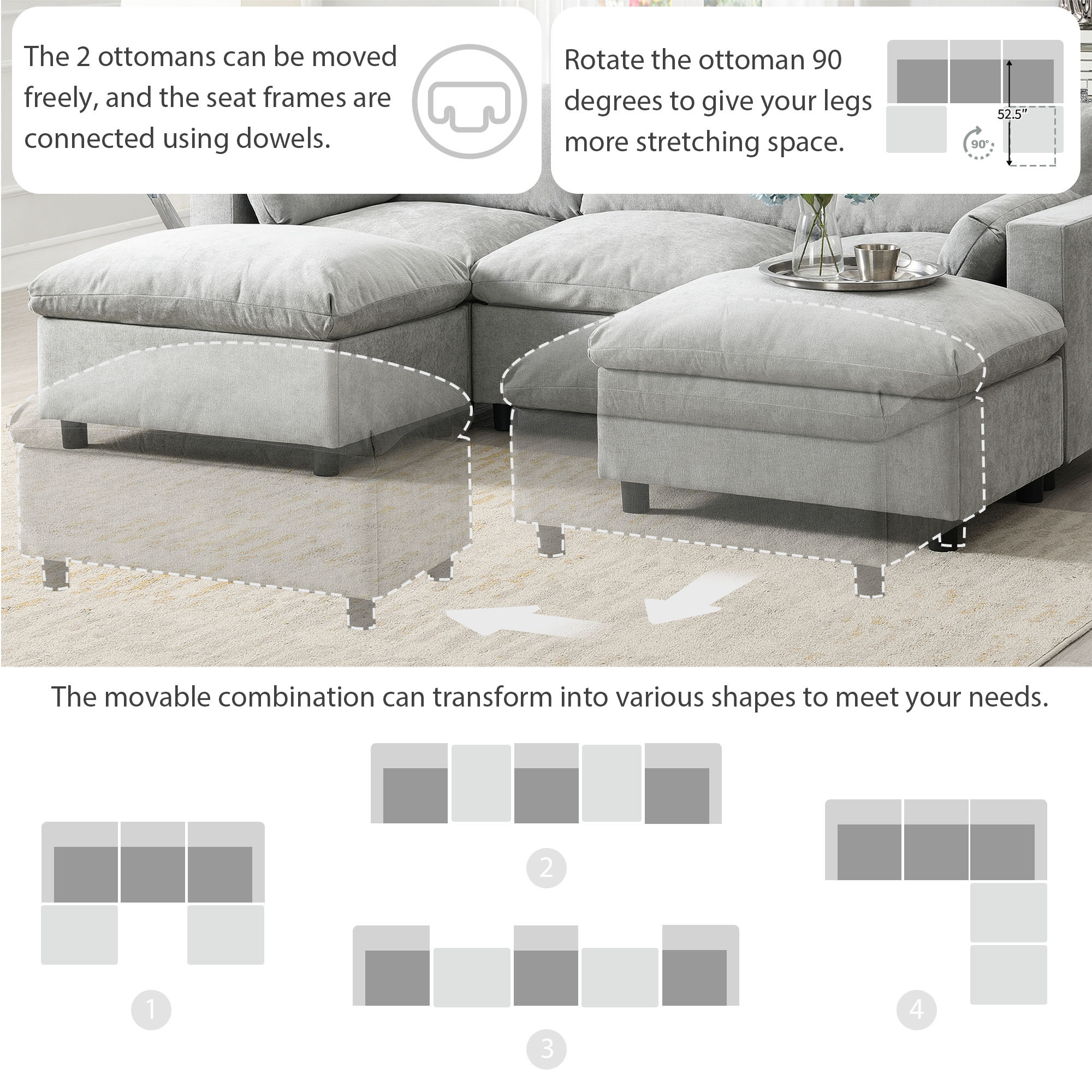 86.5'' U-Shaped Sectional Sofa with Storage Pockets, 2 Movable Ottoman, Armrest Pillows, Free Combination, 5-Seat, Medium Gray