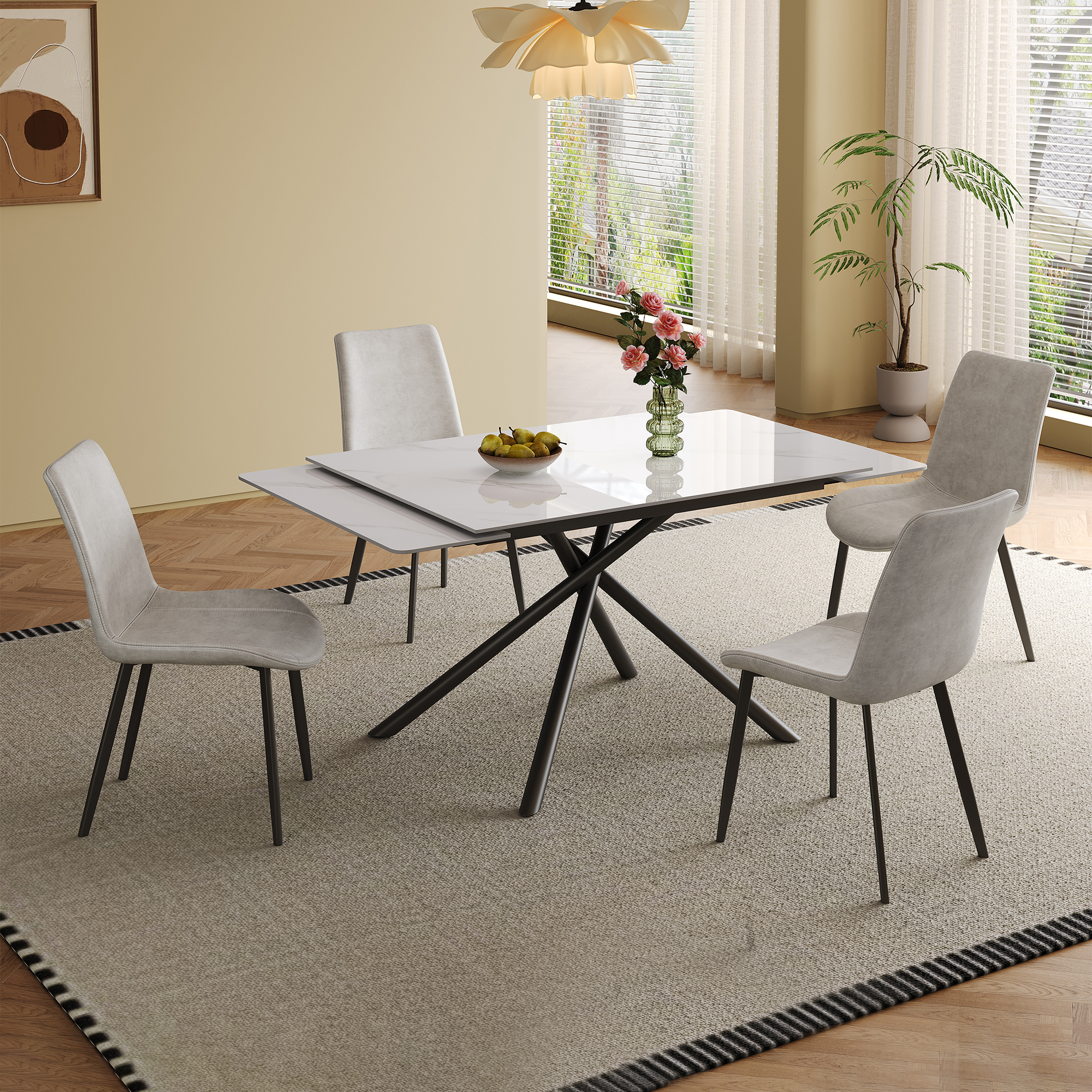71 inch Retractable Sintered Stone Dining Table Set, black carbon steel cross-legs, White (Table + 4 Chairs)