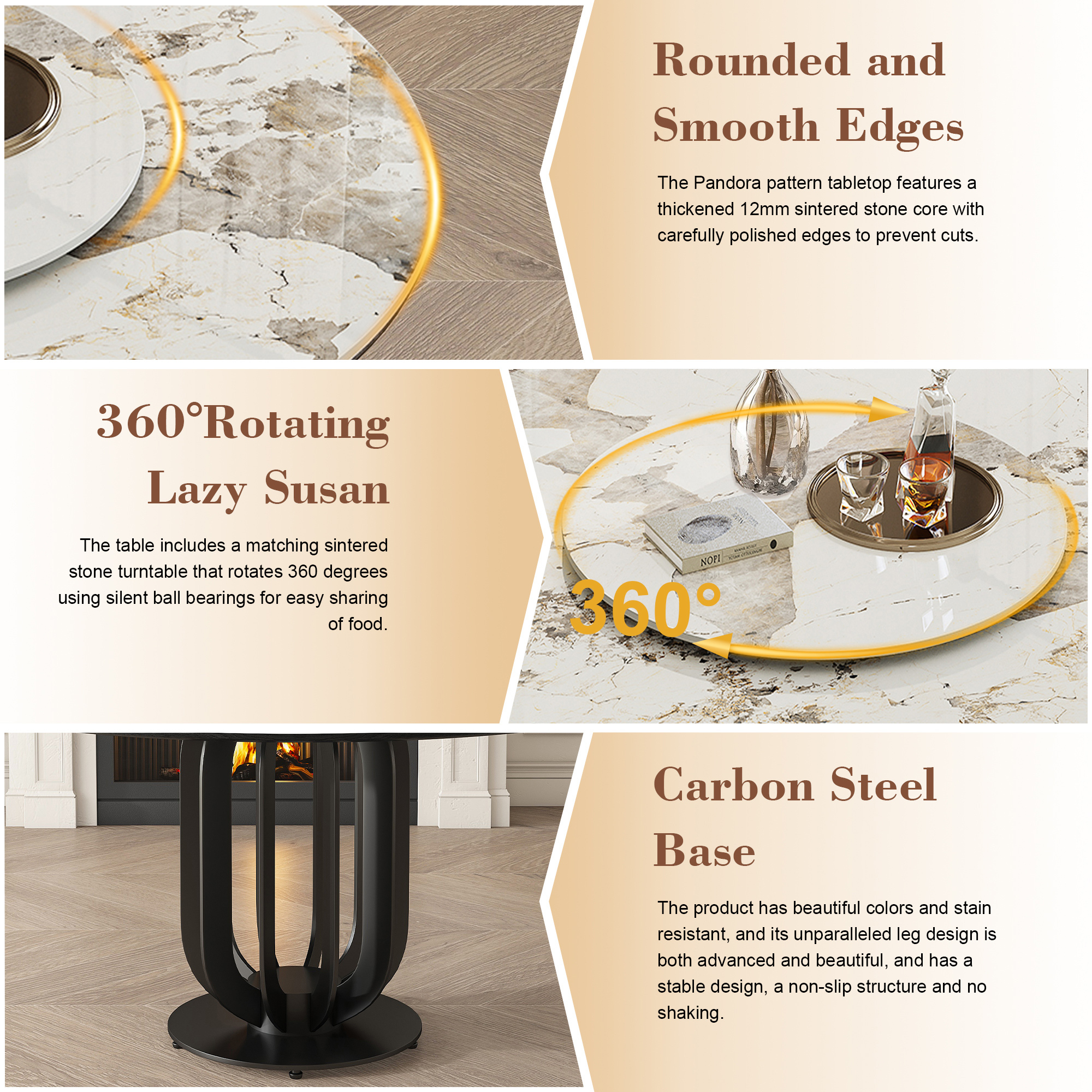 53" Round Sintered Stone Dining Table with Black Carbon Steel Base and 31.5" Lazy Susan- for Kitchen,Dining Room(4 chairs)