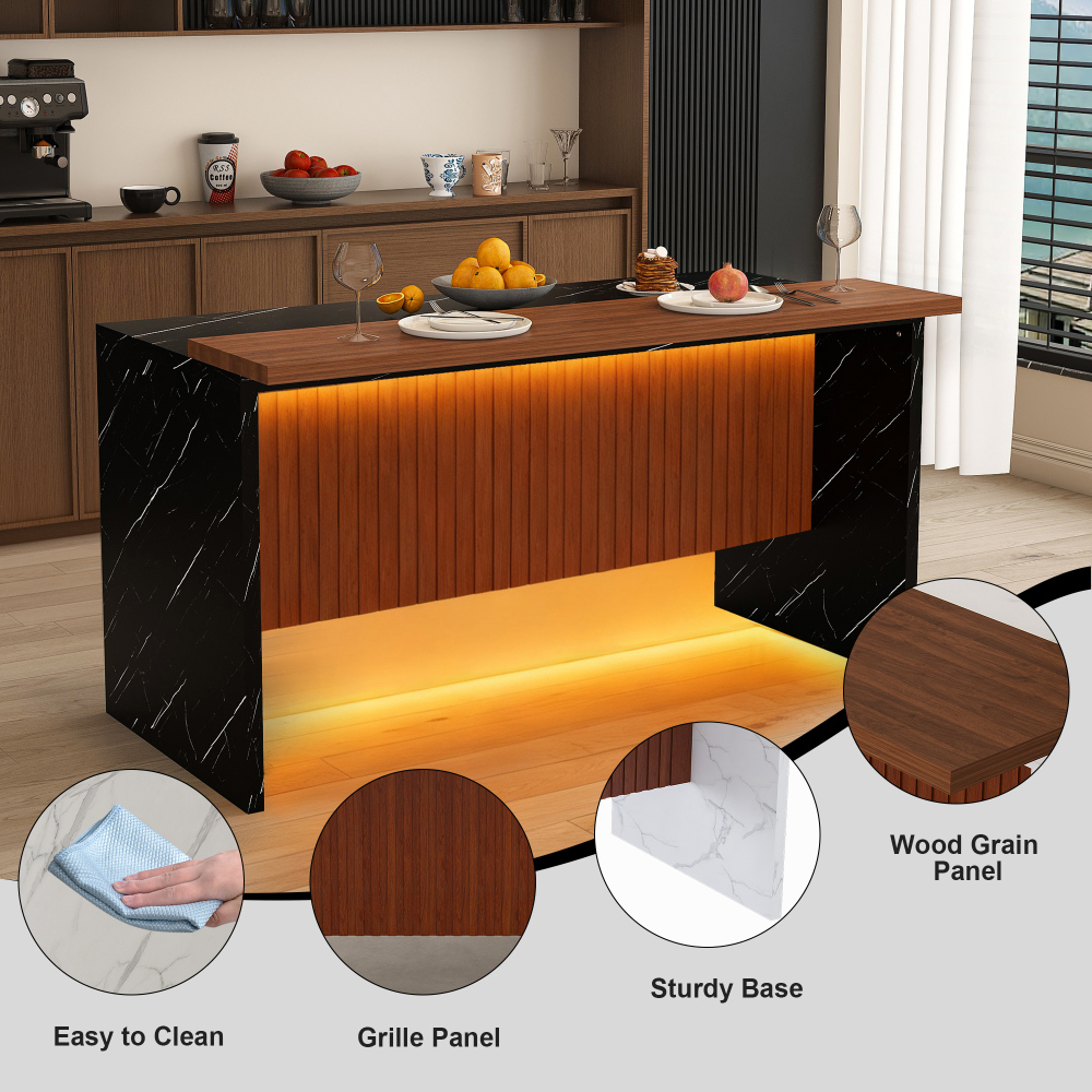 63" Modern Kitchen Island with Marble-Look Surface, LED Lights & Grille Design for Dining Room, Living Room, Black(Island Only)