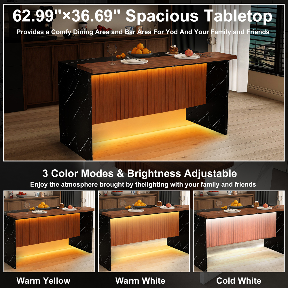 63" Modern Kitchen Island with Marble-Look Surface, LED Lights & Grille Design for Dining Room, Living Room, Black(Island Only)