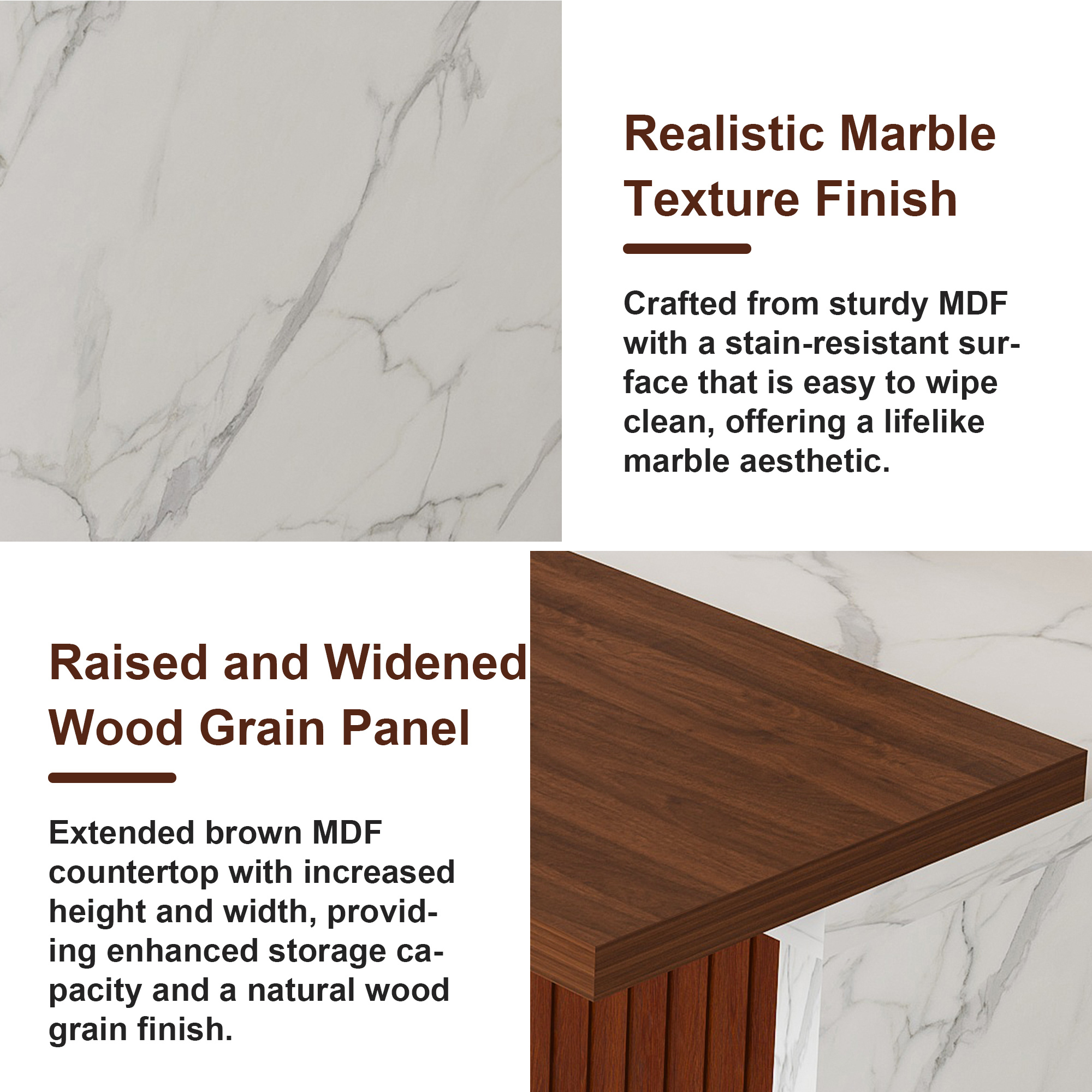 63" Modern Kitchen Island with Marble-Look Surface, LED Lights & Grille Design, White (2 Dark Brown Bar Stools)
