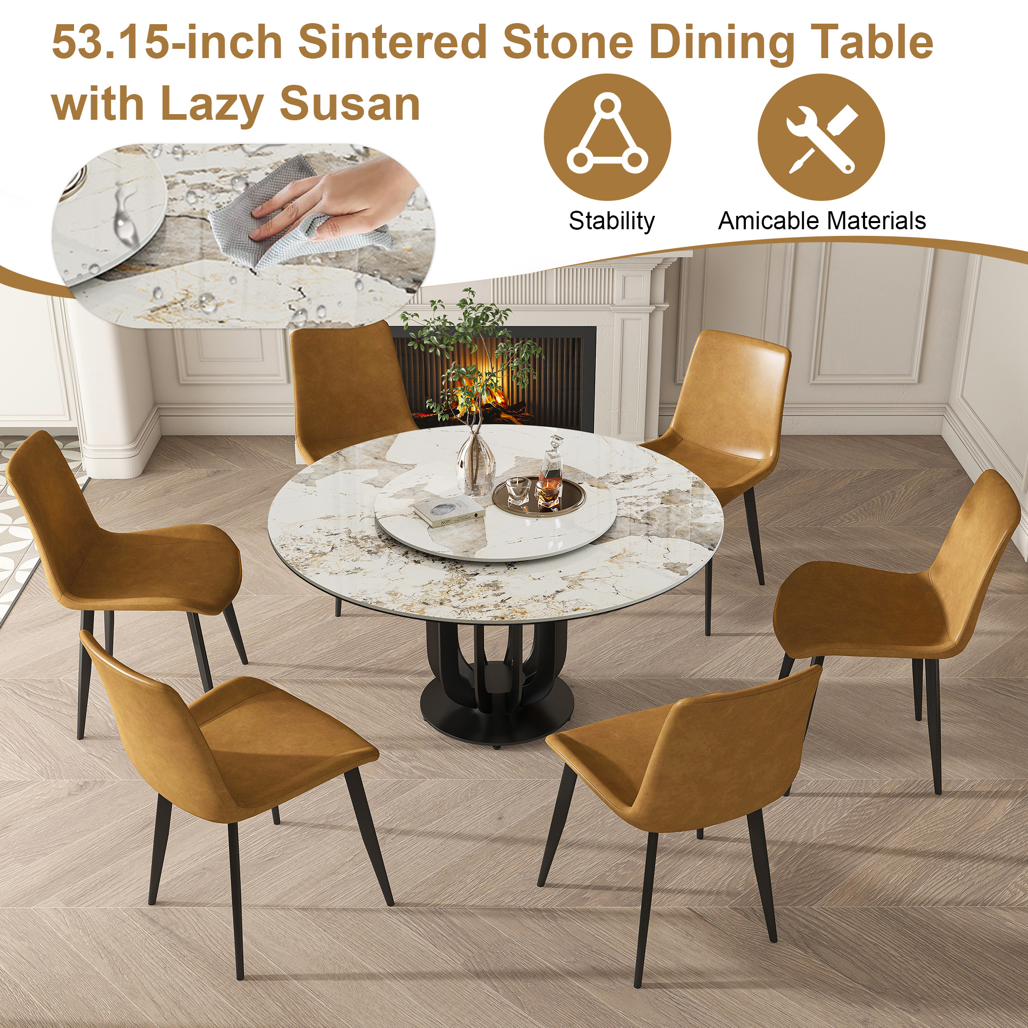 53" Round Sintered Stone Dining Table with Black Carbon Steel Base and 31.5" Lazy Susan- for Kitchen,Dining Room(4 chairs)