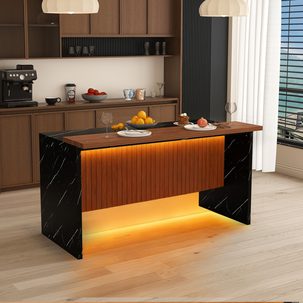 63" Modern Kitchen Island with Marble-Look Surface, LED Lights & Grille Design for Dining Room, Living Room, Black(Island Only)