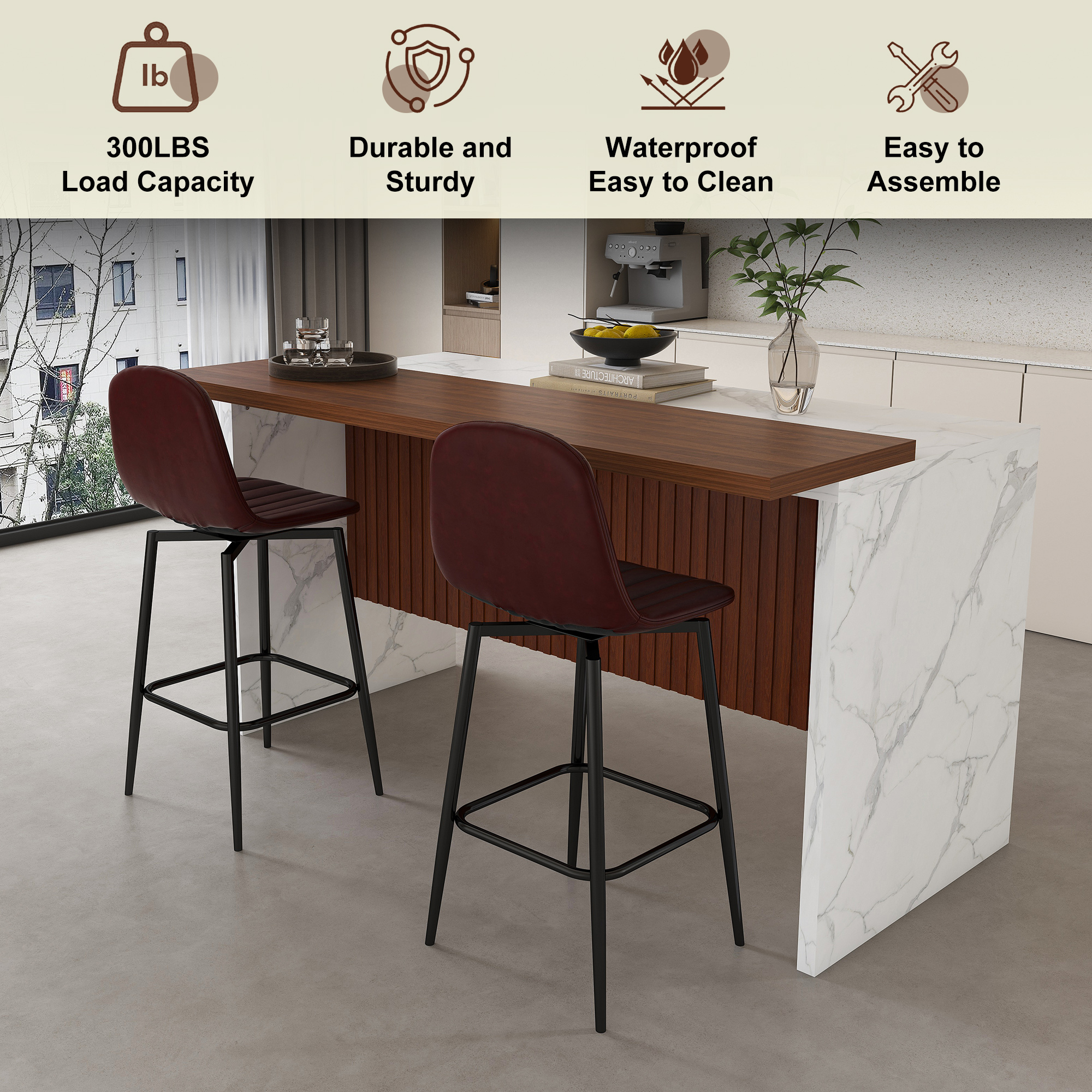 63" Modern Kitchen Island with Marble-Look Surface, LED Lights & Grille Design, White (2 Dark Brown Bar Stools)