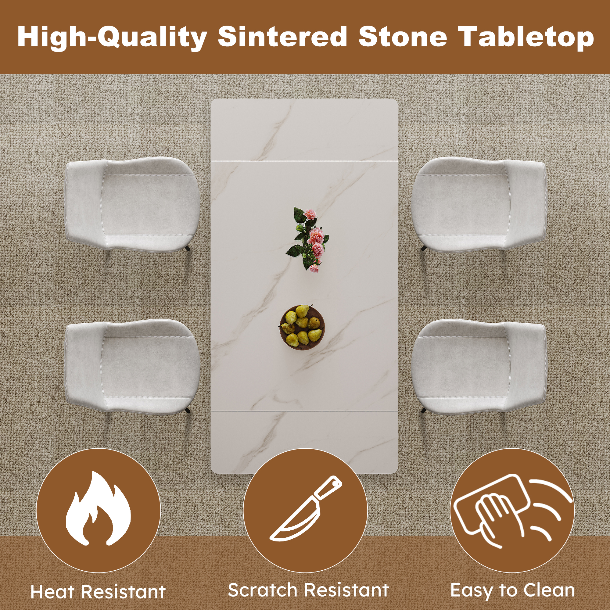 71 inch Retractable Sintered Stone Dining Table Set, black carbon steel cross-legs, White (Table + 4 Chairs)