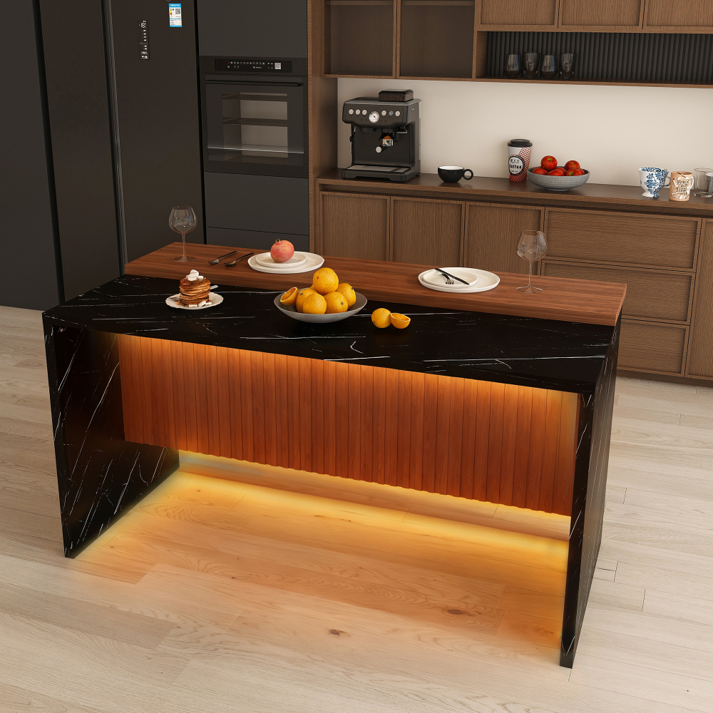 63" Modern Kitchen Island with Marble-Look Surface, LED Lights & Grille Design for Dining Room, Living Room, Black(Island Only)