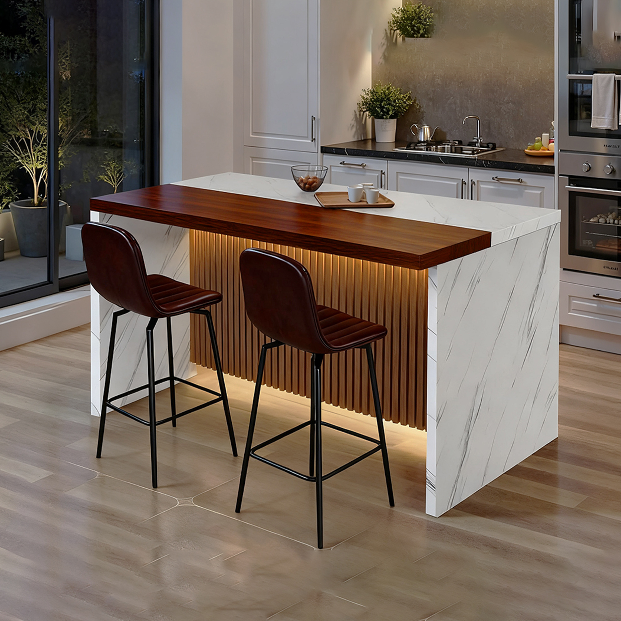 63" Modern Kitchen Island with Marble-Look Surface, LED Lights & Grille Design, White (2 Dark Brown Bar Stools)