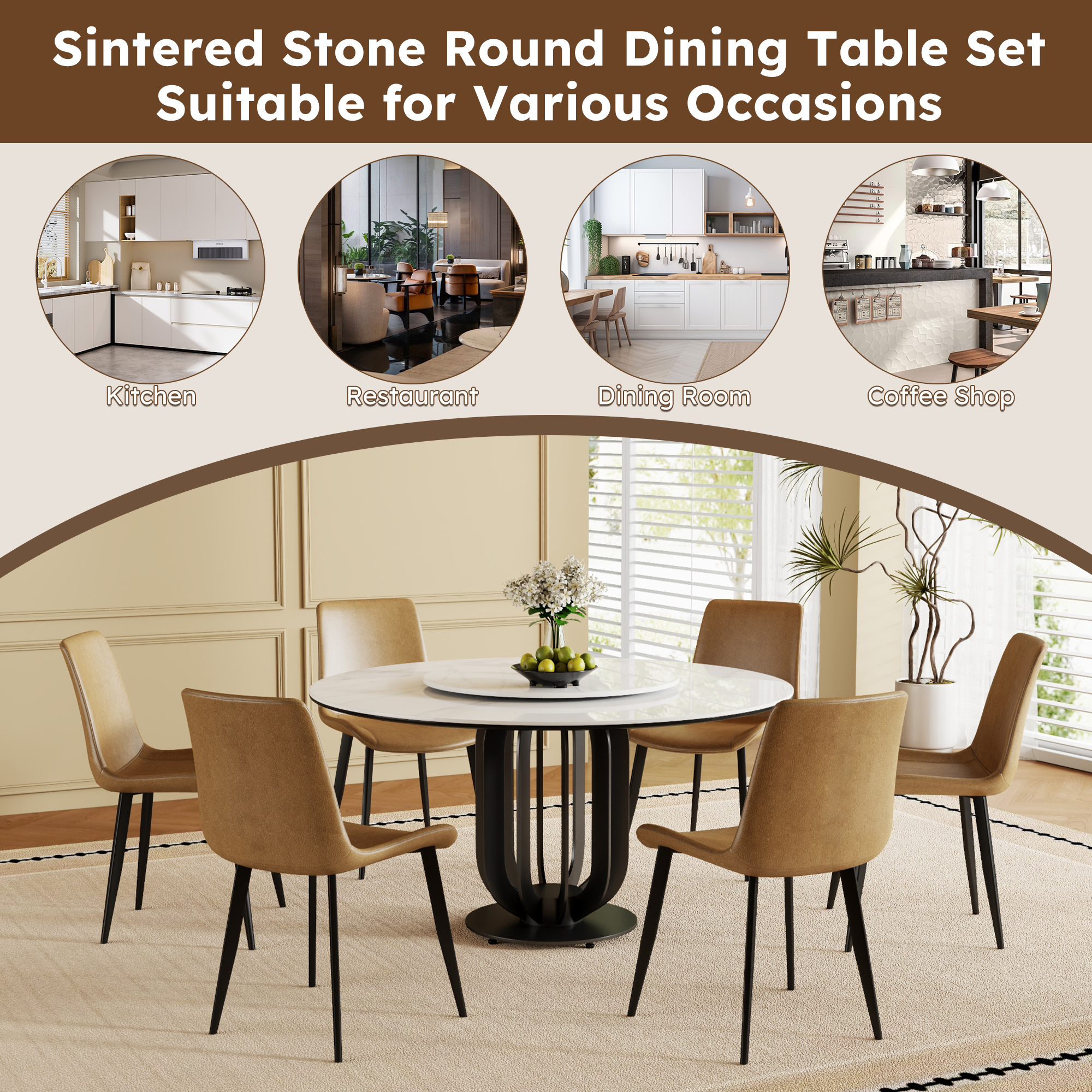 59" Round Sintered Stone Dining Table with Black Carbon Steel Base and 31.5" Lazy Susan- for Kitchen,Dining Room (8 chairs)